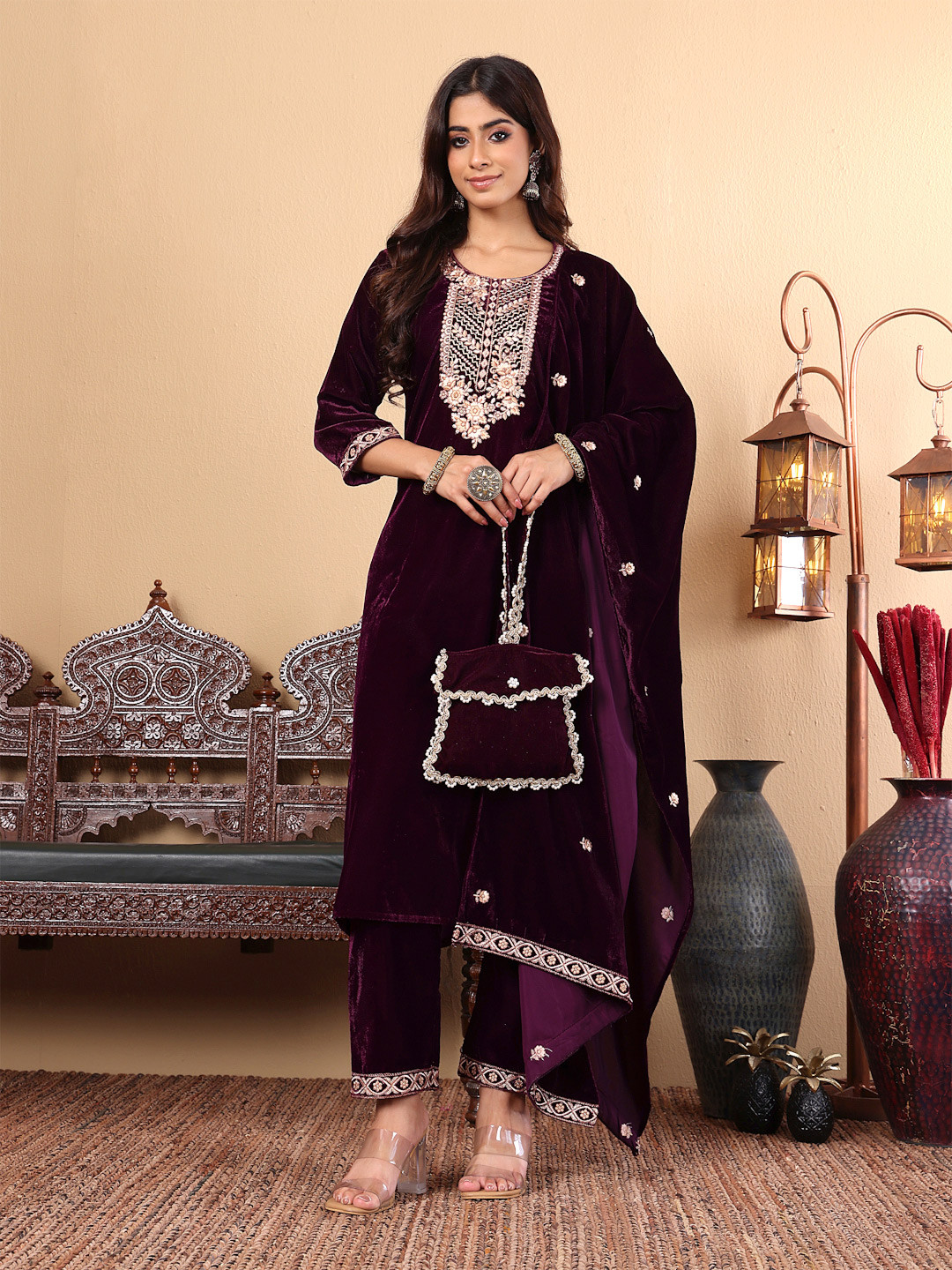 Varanga Purple Floral Yoke Design Thread Work Velvet Kurta with Trousers & Dupatta