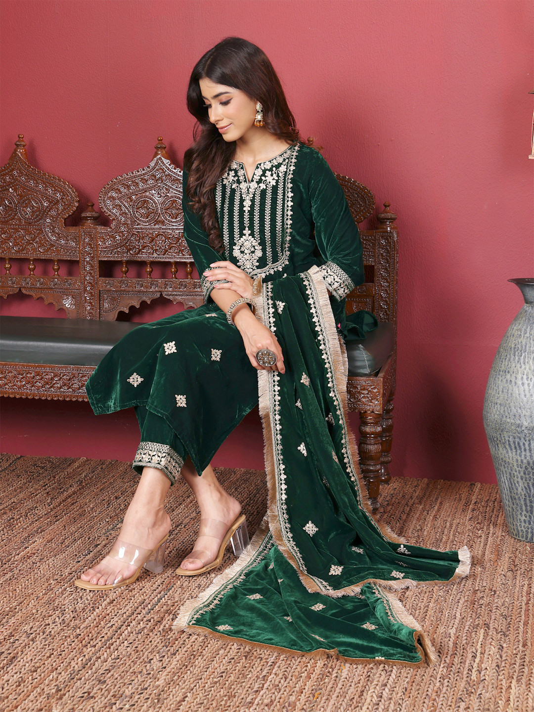 Varanga Floral Embroidered Sequinned Velvet Straight Kurta with Trousers & Dupatta