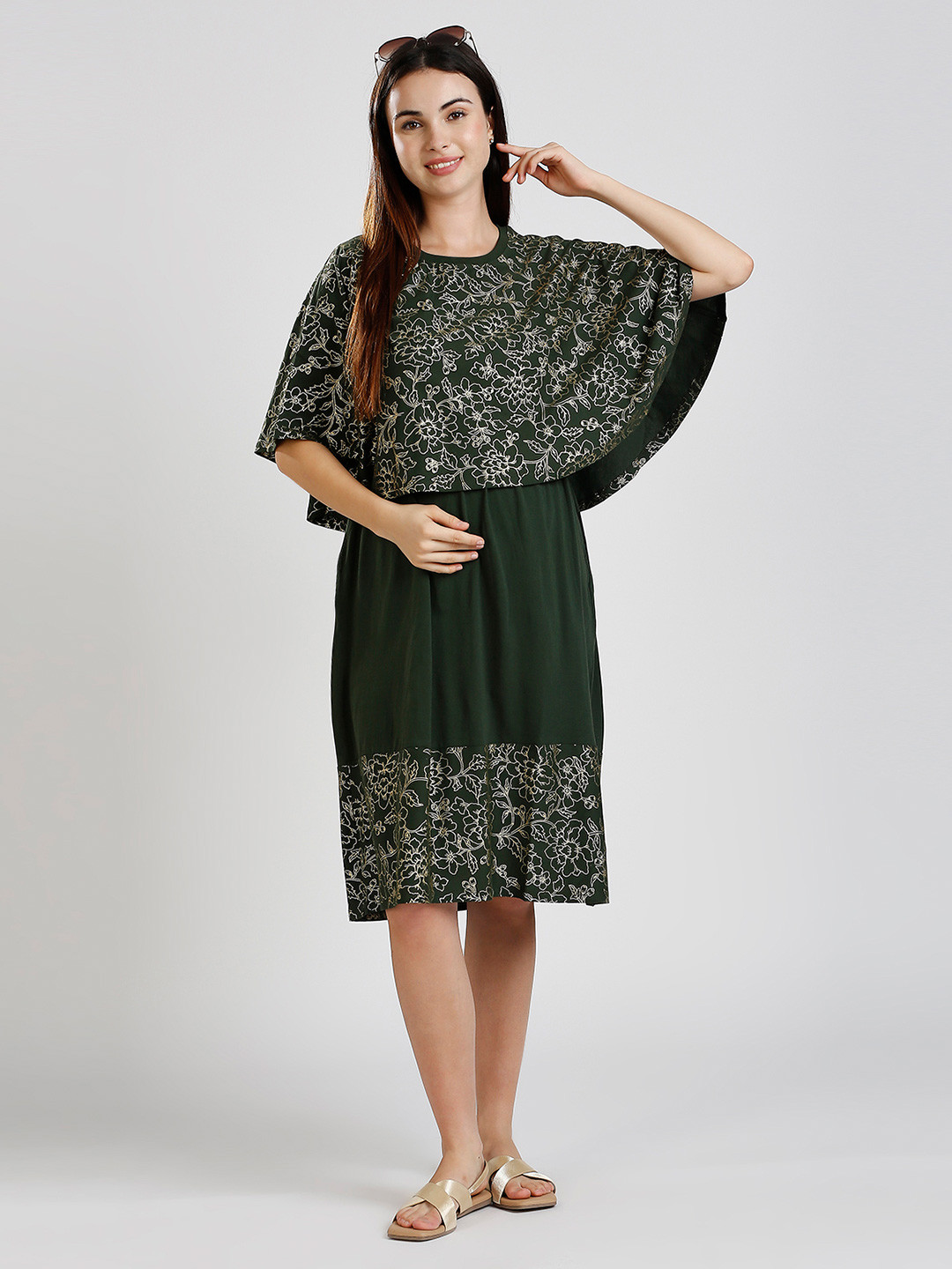 True Shape Floral Print cape sleeves fit and falre cotton drees