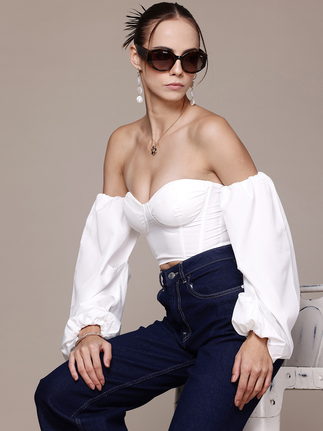 bebe Soft Romance Off-Shoulder Corset-Style Bardot Crop Top