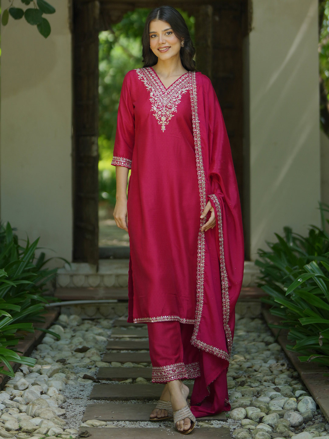 Libas Floral Yoke Design Zari Work Dobby Weave Straight Kurta With Trouser & Dupatta