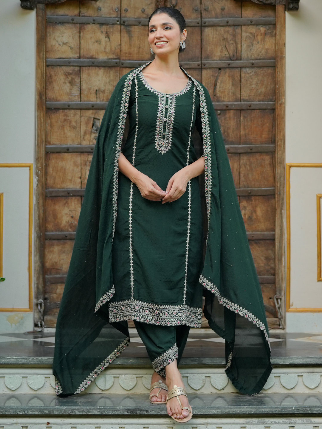 Libas Floral Embroidered Zari Work Dobby Weave Straight Kurta With Dhoti Pants & Dupatta