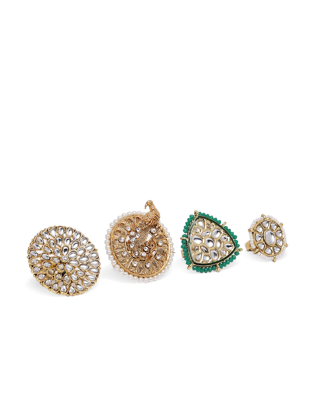 AARSHVI Pack of 4 Gold-Plated Kundan Finger Rings