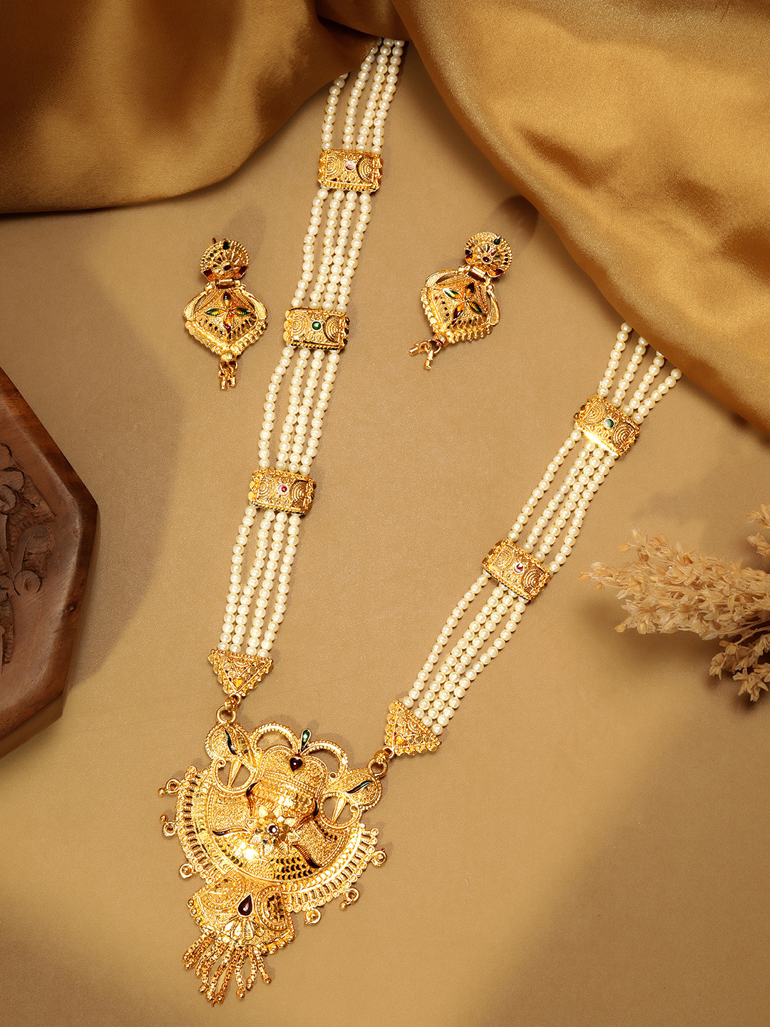 AARSHVI Gold-Plated Multi-Strand Beaded Necklace & Earring Set