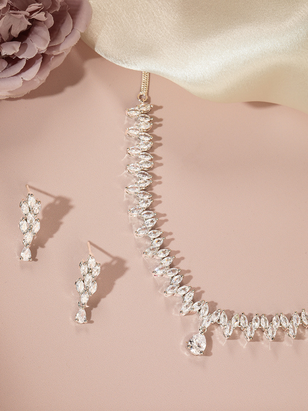 AARSHVI Silver-Plated American Diamond CZ Studded Necklace & Earring Set