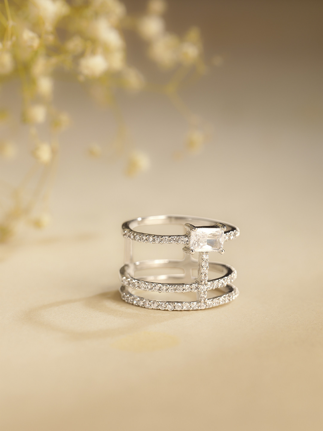 AARSHVI Silver-Plated American Diamond Finger Ring