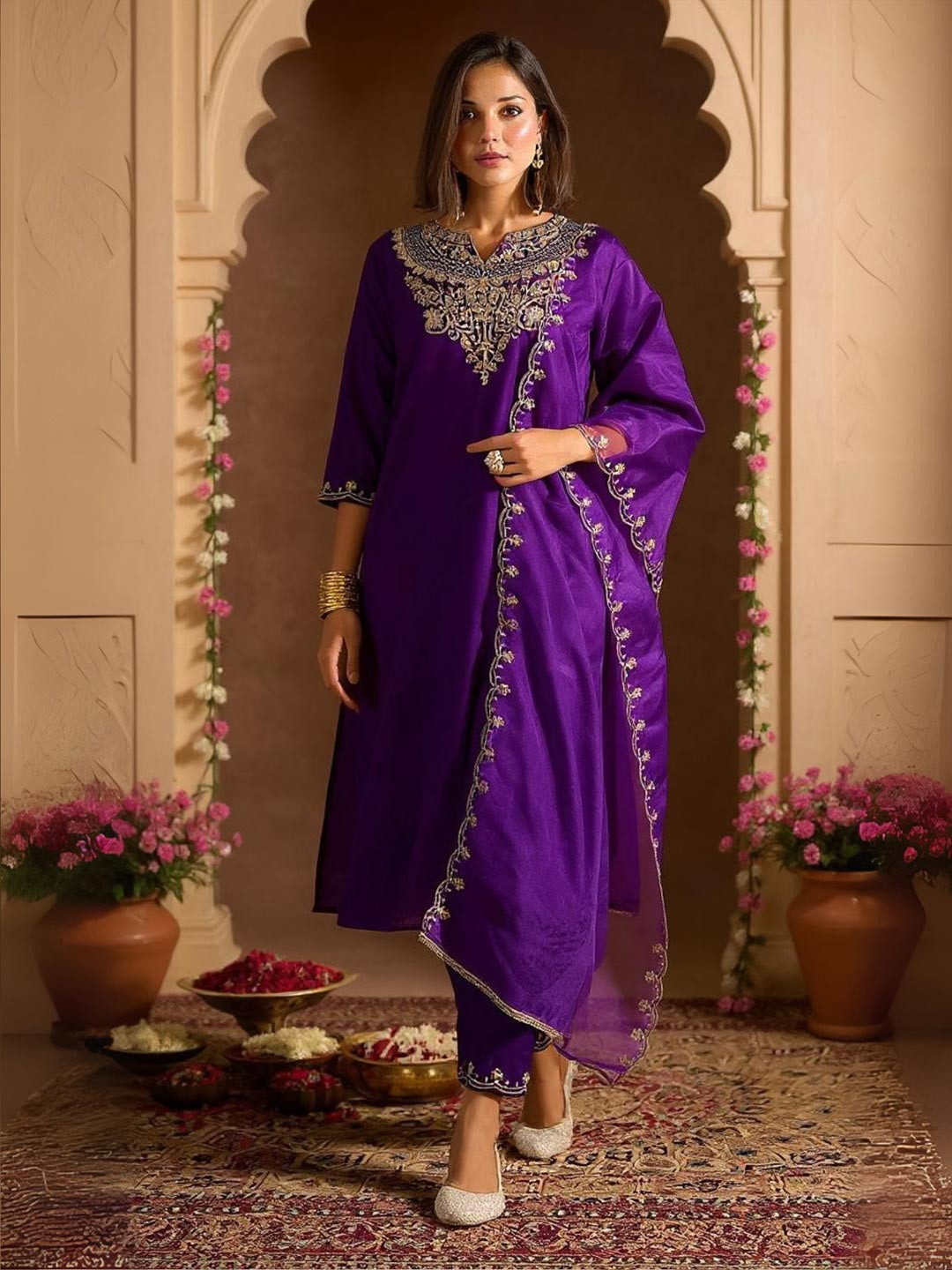 Indo Era Ethnic Motifs Embroidered Sequinned Straight Kurta With Trousers & Dupatta