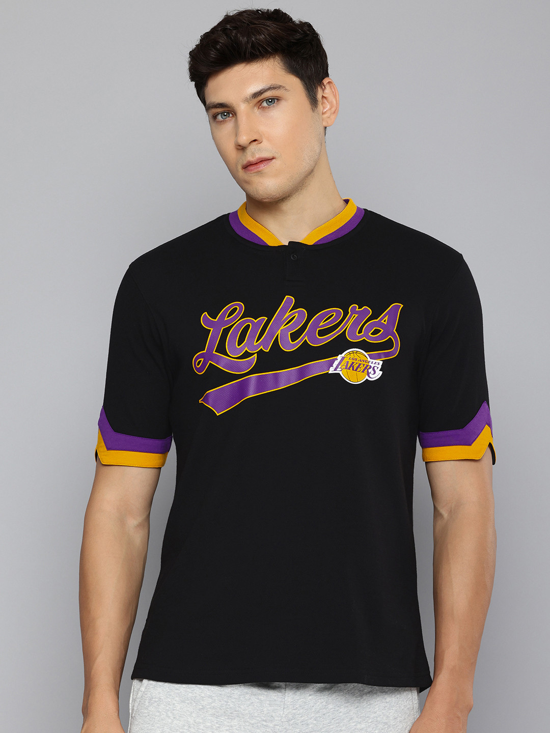 NBA Men Los Angeles Lakers Printed Henley Neck T-shirt