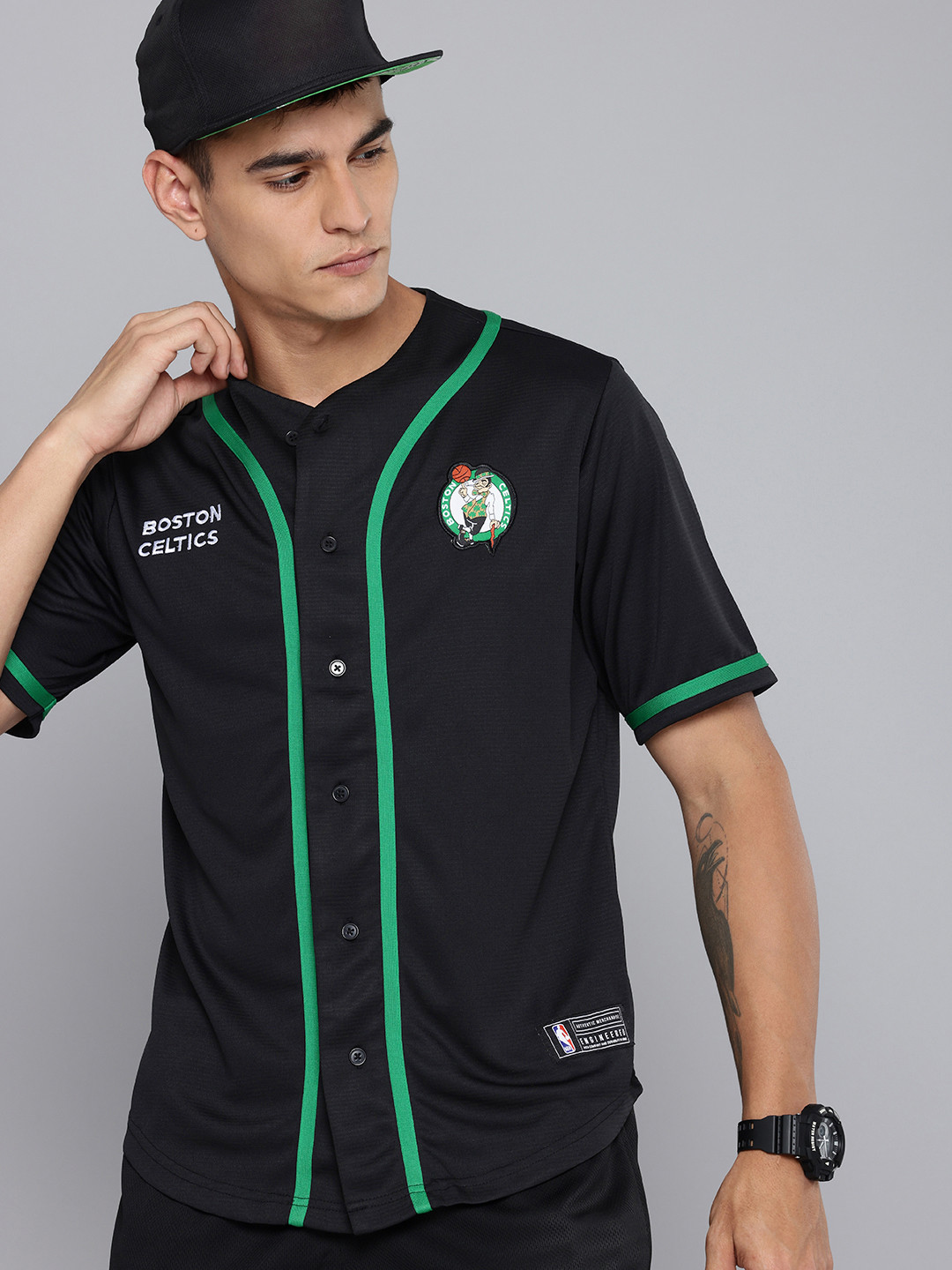 NBA Men Boston Celtics Typography Baseball Casual Shirt