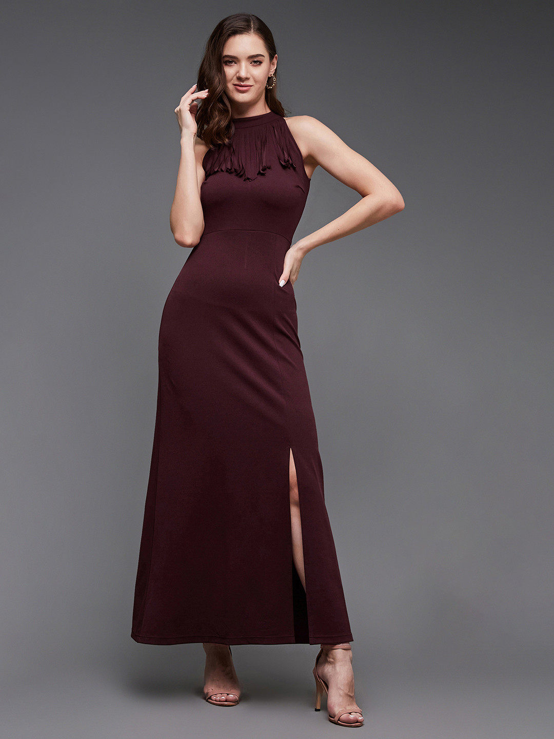 Miss Chase Women Fringed Halter Neck Sleeveless Solid Maxi Front Slit Dress