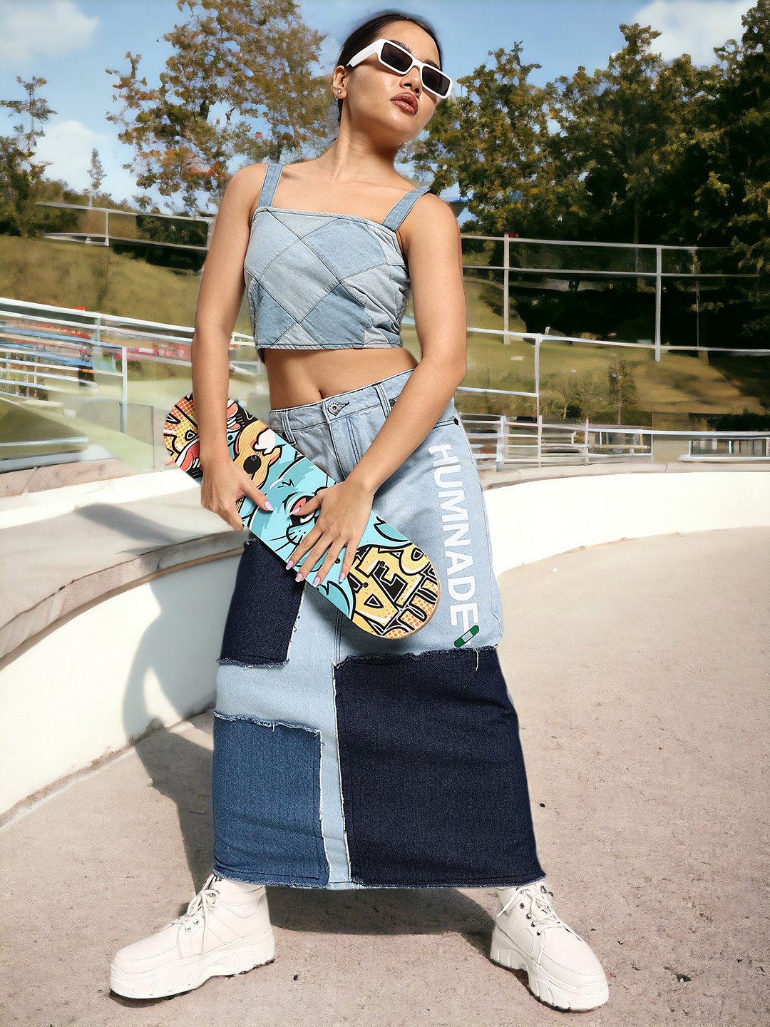 URA STREET Patch Worked Pure Cotton Denim Maxi Skirt