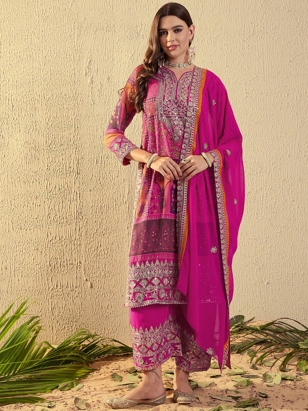 SERONA FABRICS Ethnic Motifs Printed Sequinned Georgette Kurta With Palazzo & Dupatta