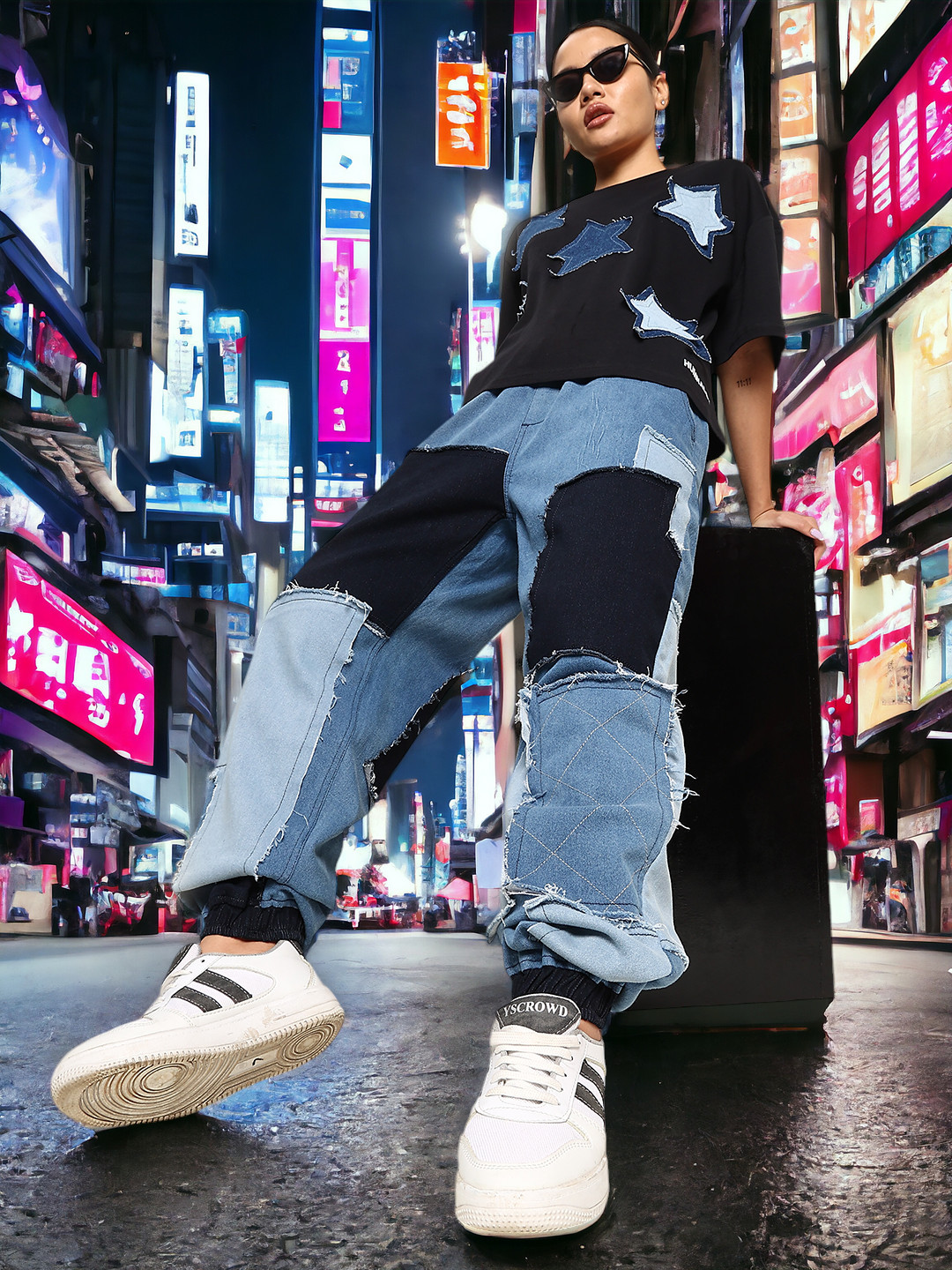 URA STREET Unisex High-Rise Mildly Distressed Applique Jogger Jeans