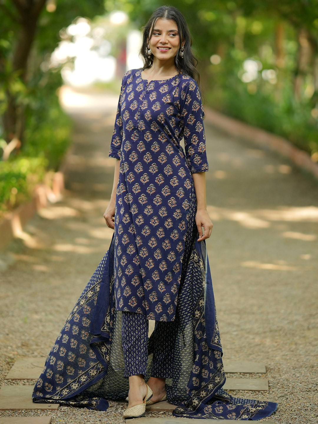 Libas Floral Printed Pure Cotton Straight Kurta with Trousers & Dupatta