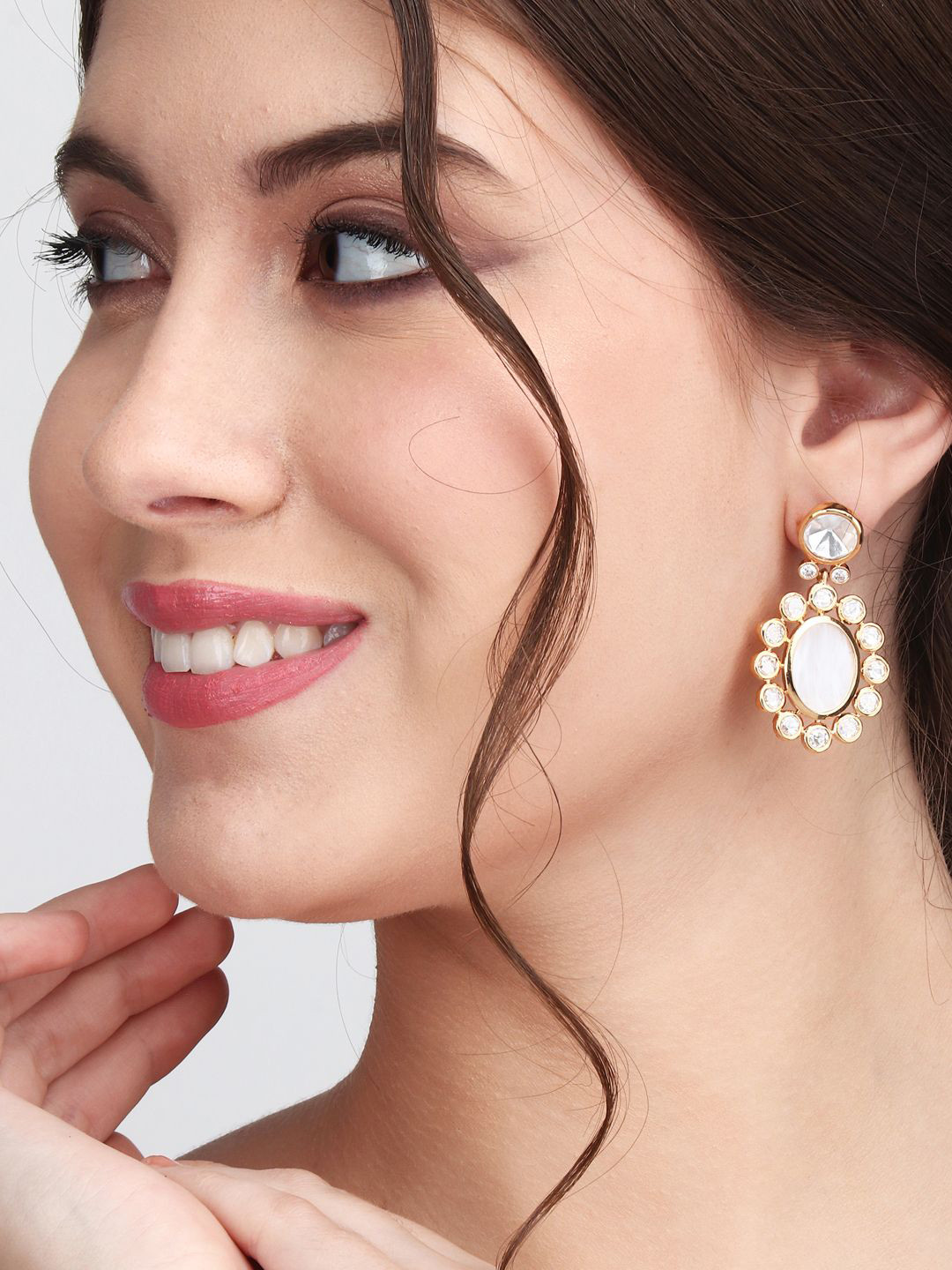 Anvik Gold-Plated Contemporary Mother of Pearl & AD & Kundan Drop Earrings