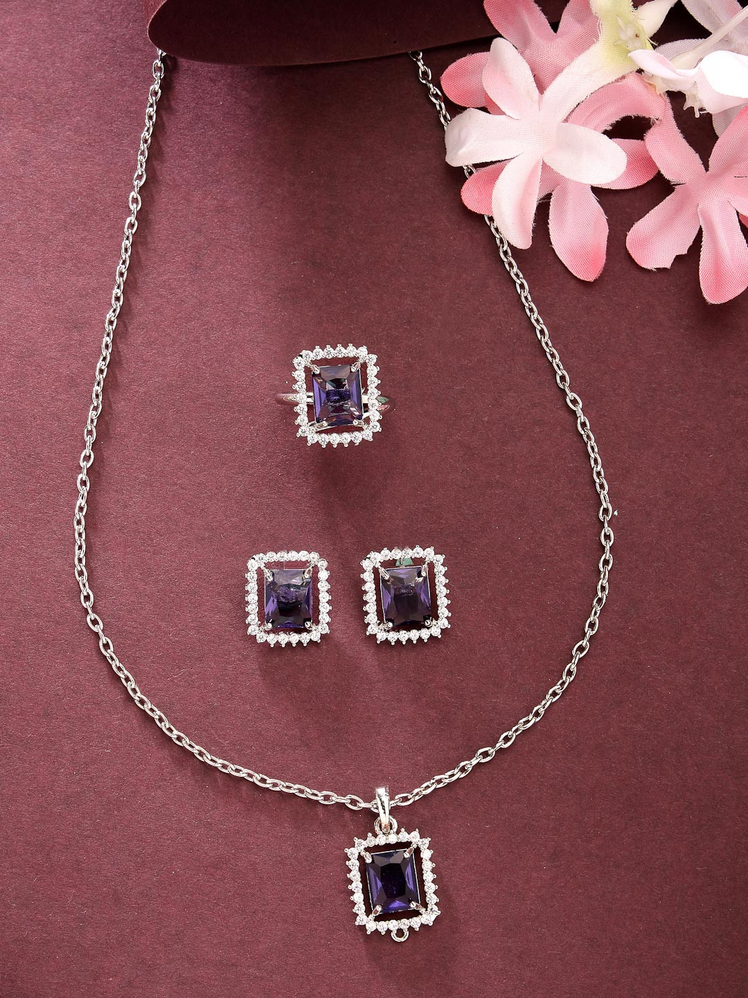 ZENEME Rhodium Plated Silver toned Navy Blue AD Studded Pendant Set with Earrings And Ring