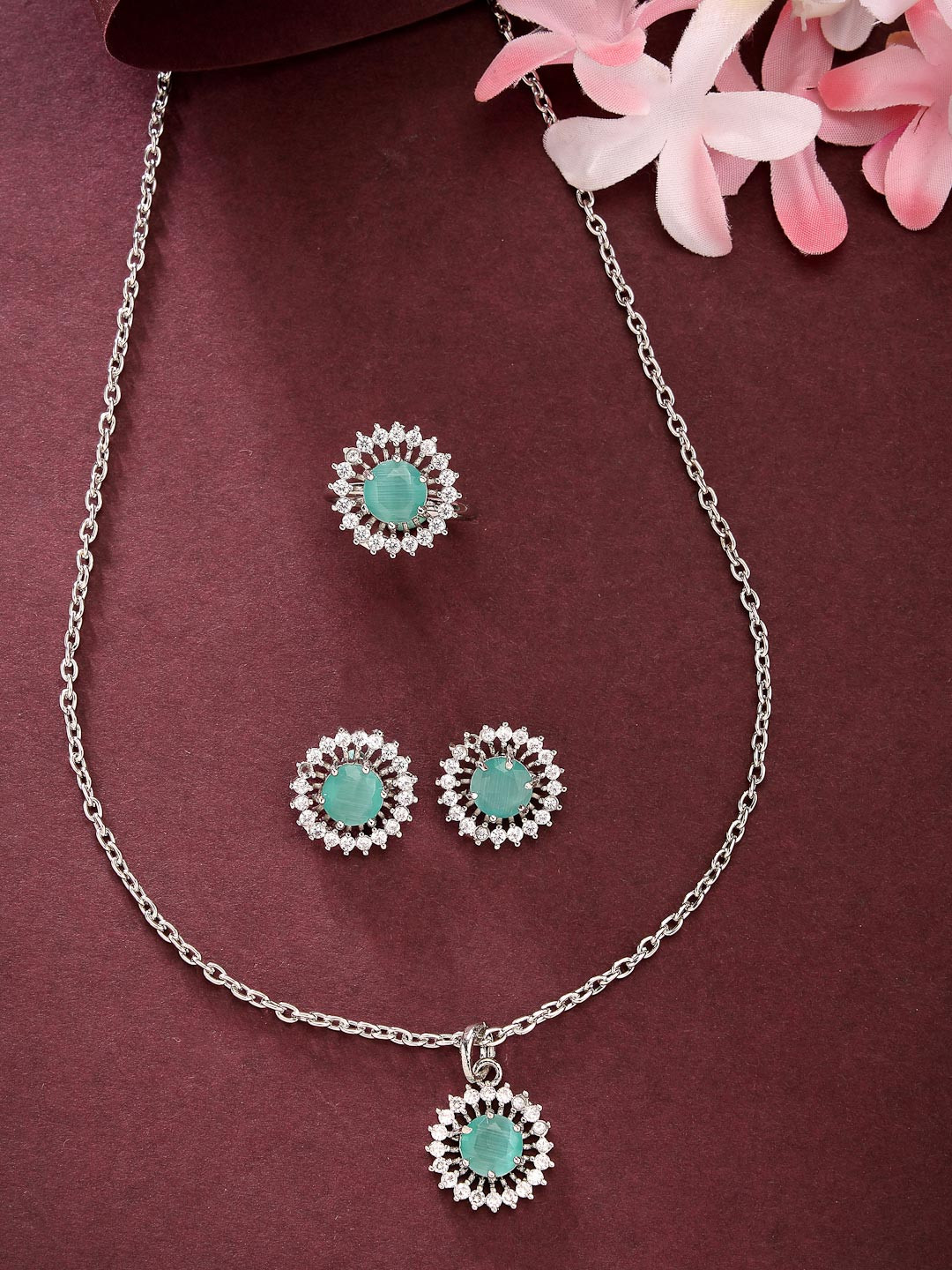 ZENEME Rhodium Plated Silver toned Sea Green AD studded Pendant Set with Earrings & Ring