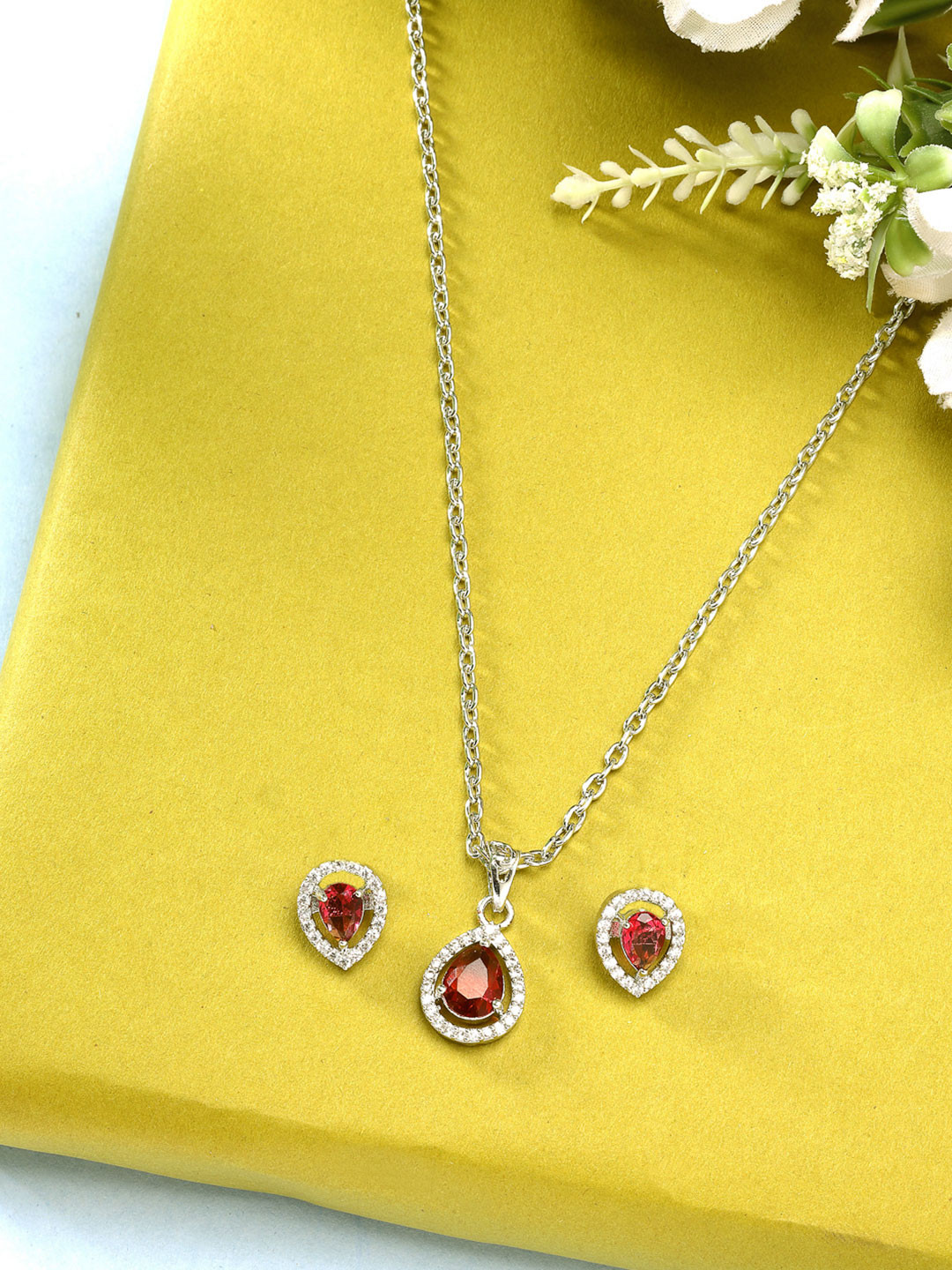 ZENEME Rhodium-Plated American Diamond Studded Tear Drop Shaped Necklace and Earrings