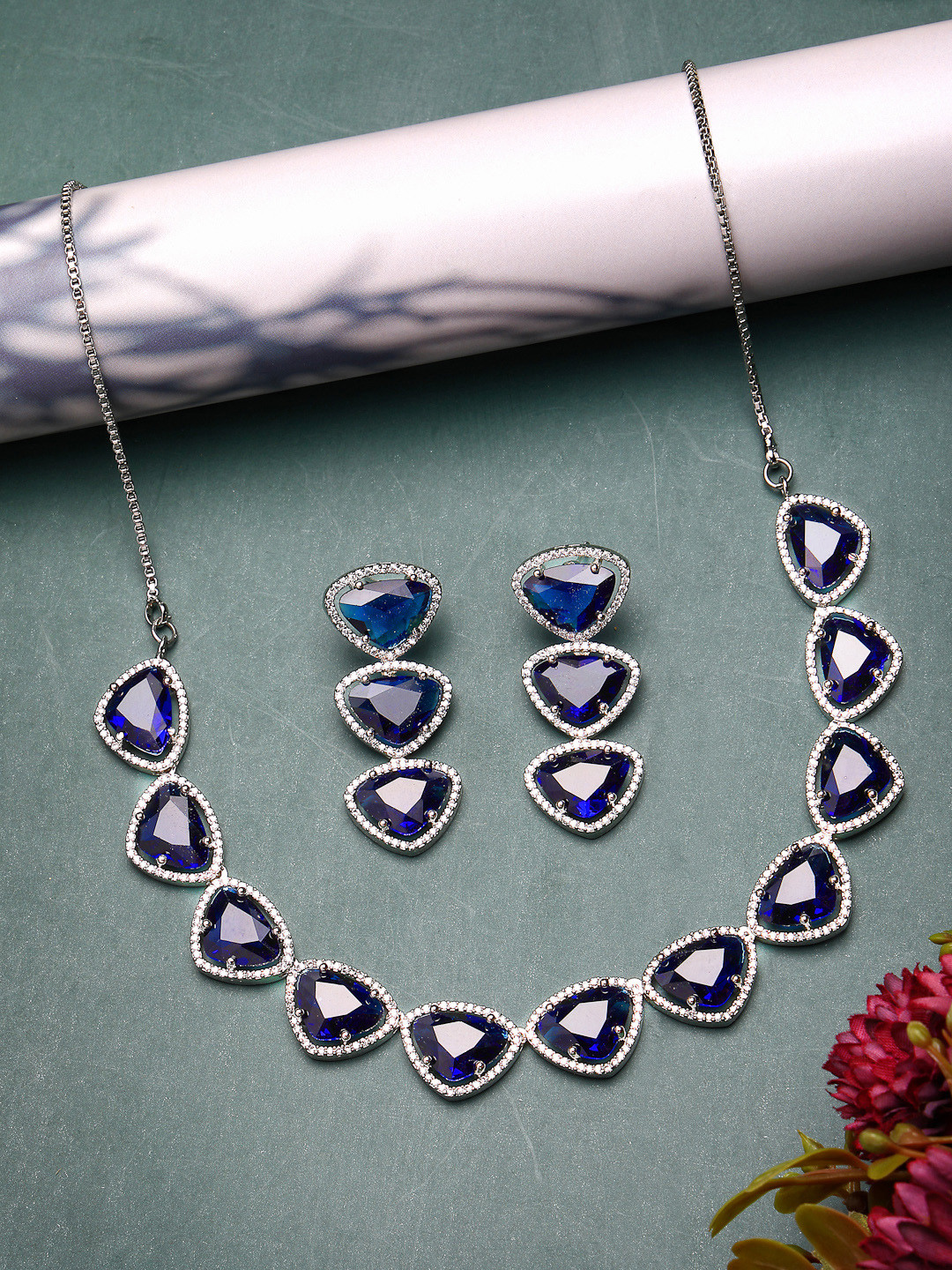 ZENEME Rhodium Plated American Diamond Studded Triangular Shaped Necklace and Earrings