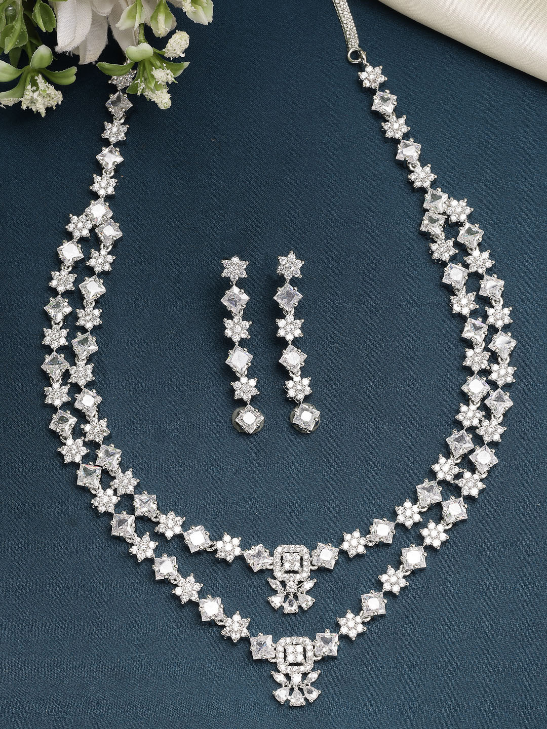 ZENEME Rhodium Plated American Diamond Studded Layered Necklace and Earrings