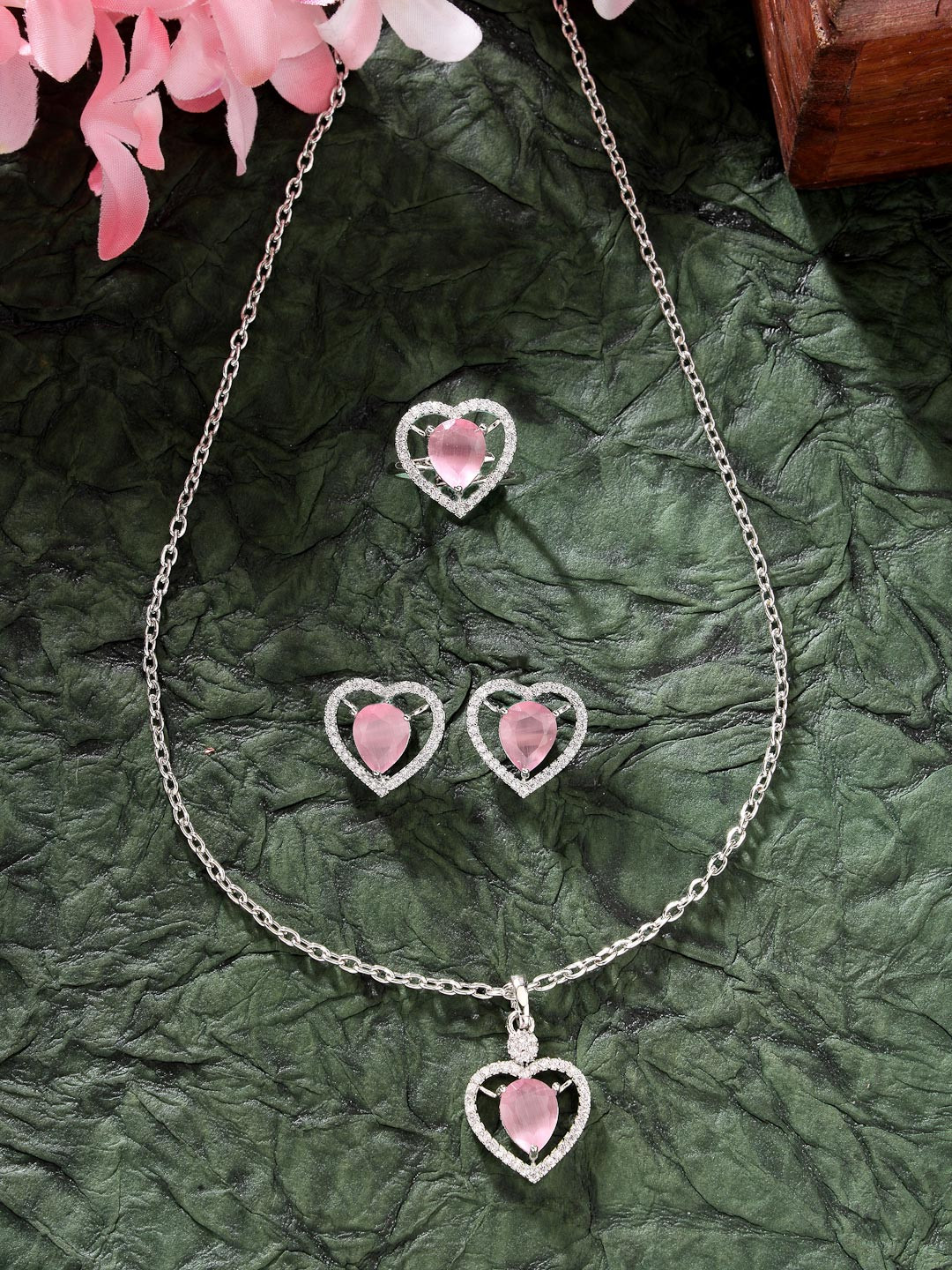 ZENEME Rhodium Plated Silver toned Heart Shaped Pink AD Pendant set with Earrings & Ring