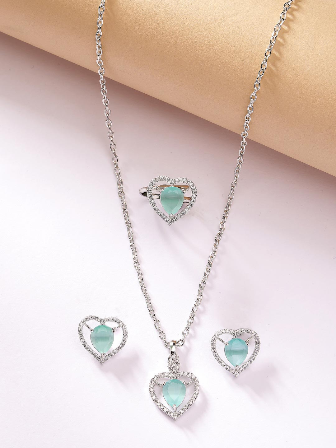 ZENEME Rhodium Plated Heart Shaped Sea Green AD Pendant set with Earrings & Ring