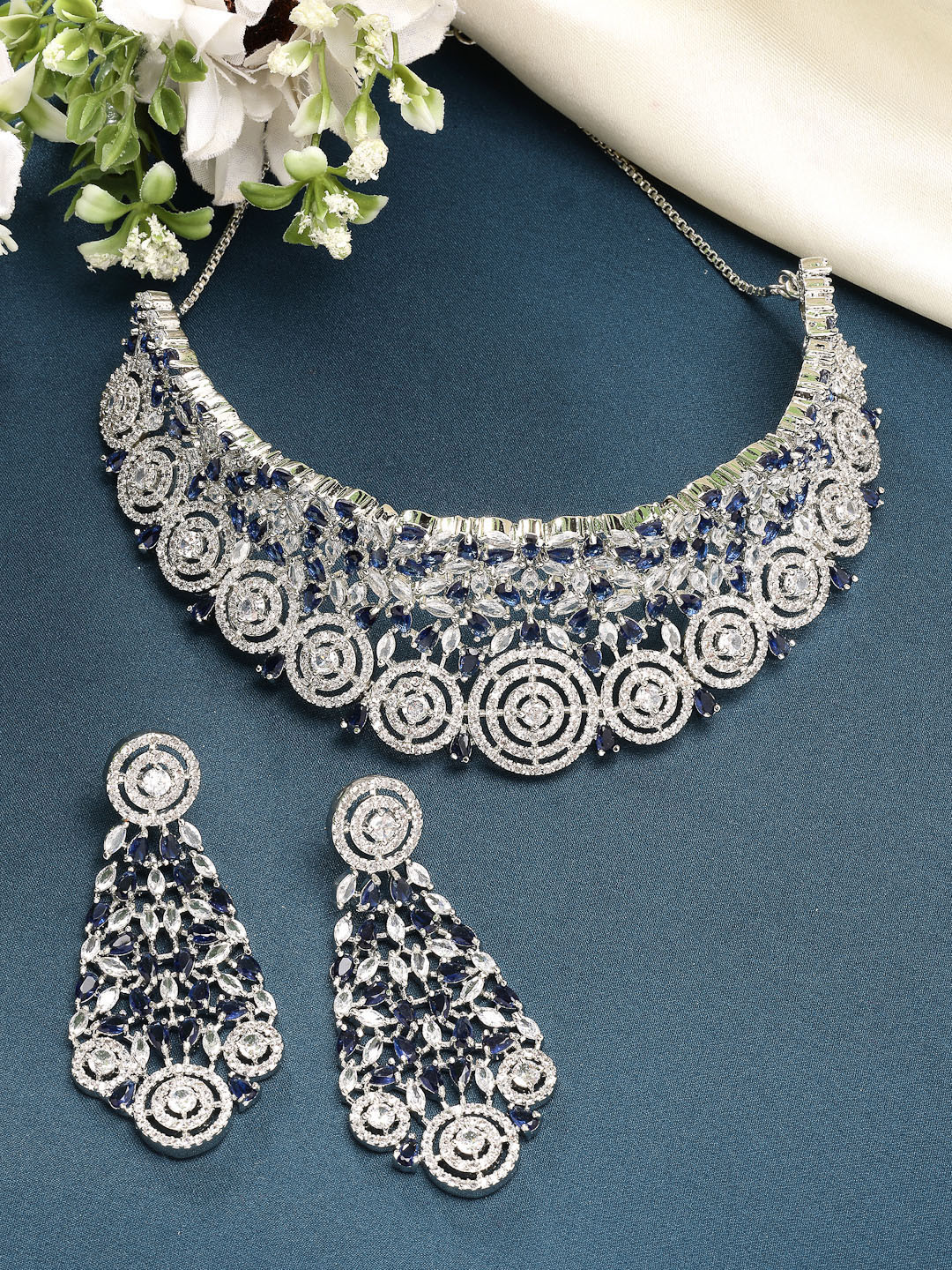 ZENEME Rhodium-Plated American Diamond Stone-Studded Details Choker Necklace and Earrings