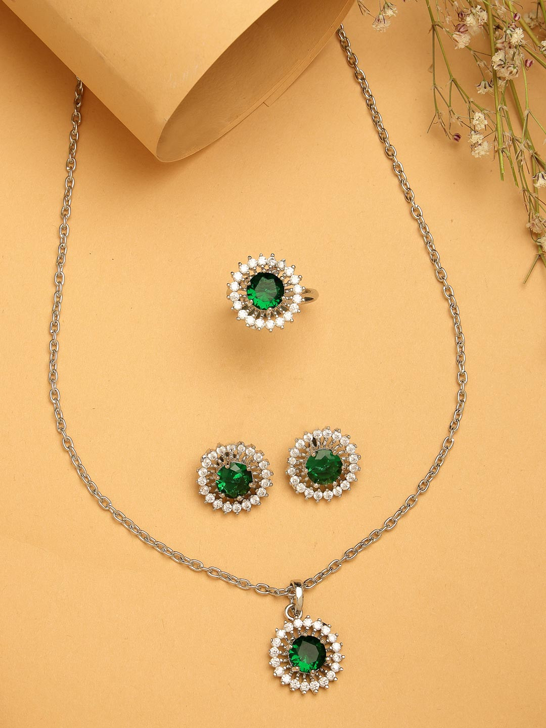ZENEME Rhodium Plated Silver toned Green AD studded Pendant Set with Earrings & Ring