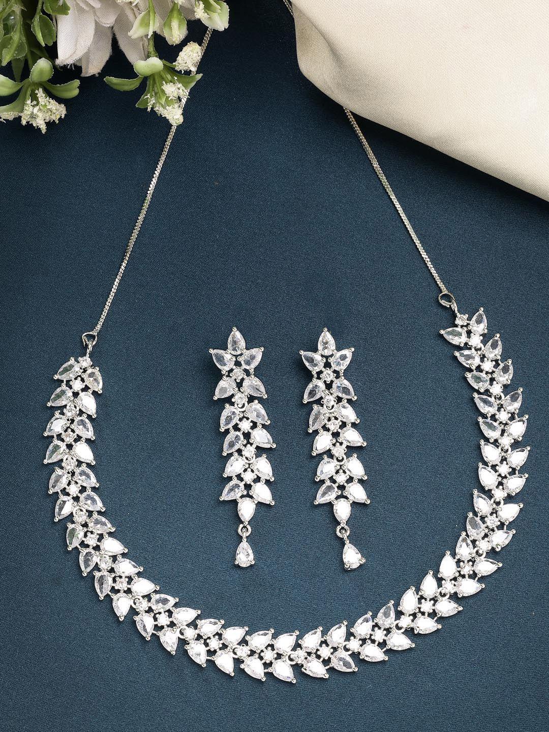 ZENEME Rhodium Plated American Diamond Studded Crystal Radiant Necklace and Earrings