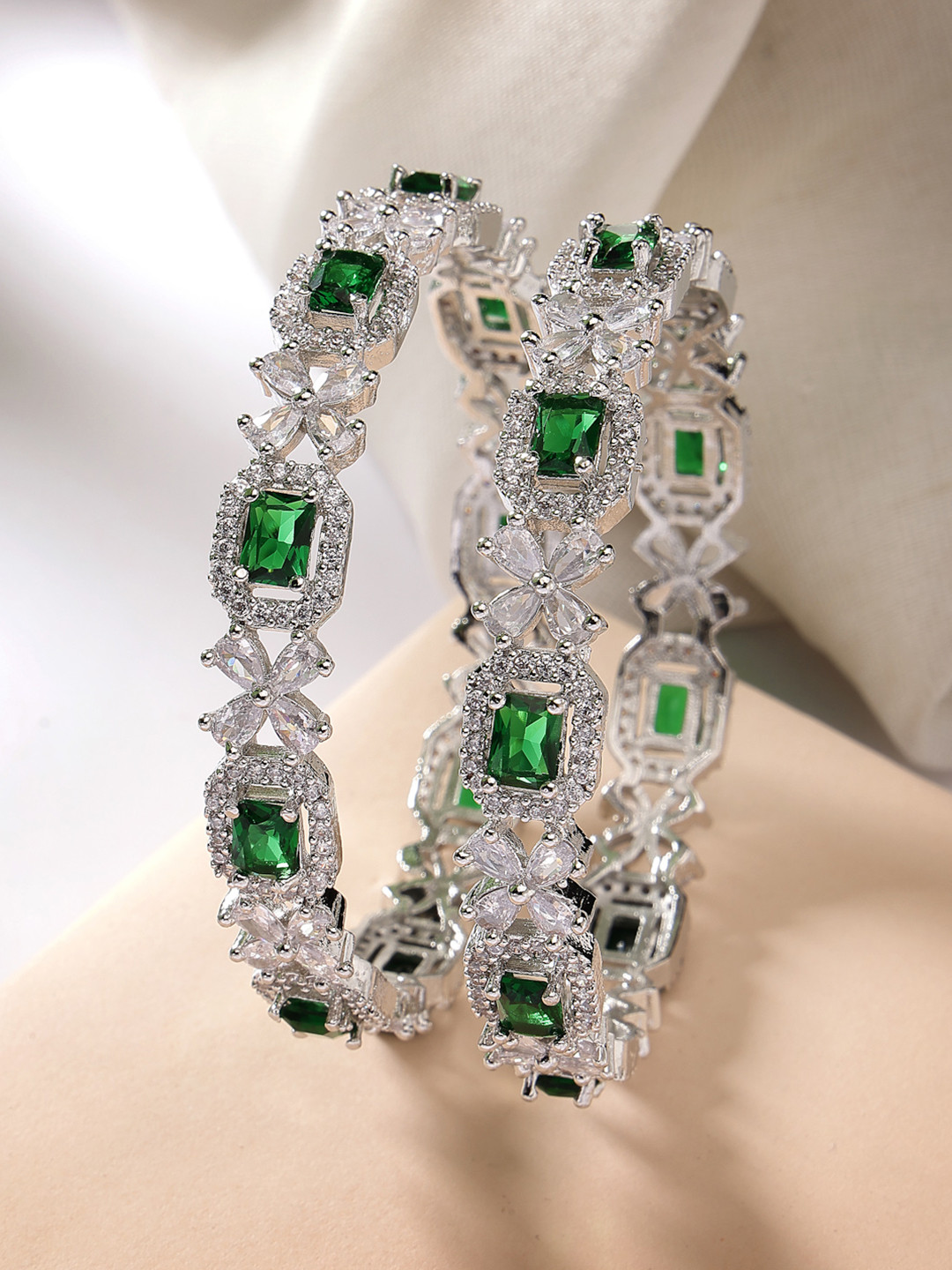 ZENEME Set Of 2 Rhodium-Plated AD-Studded Bangles