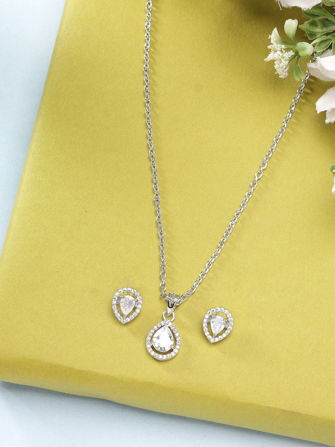 ZENEME Rhodium-Plated American Diamond Studded Tear Drop Shaped Necklace and Earrings