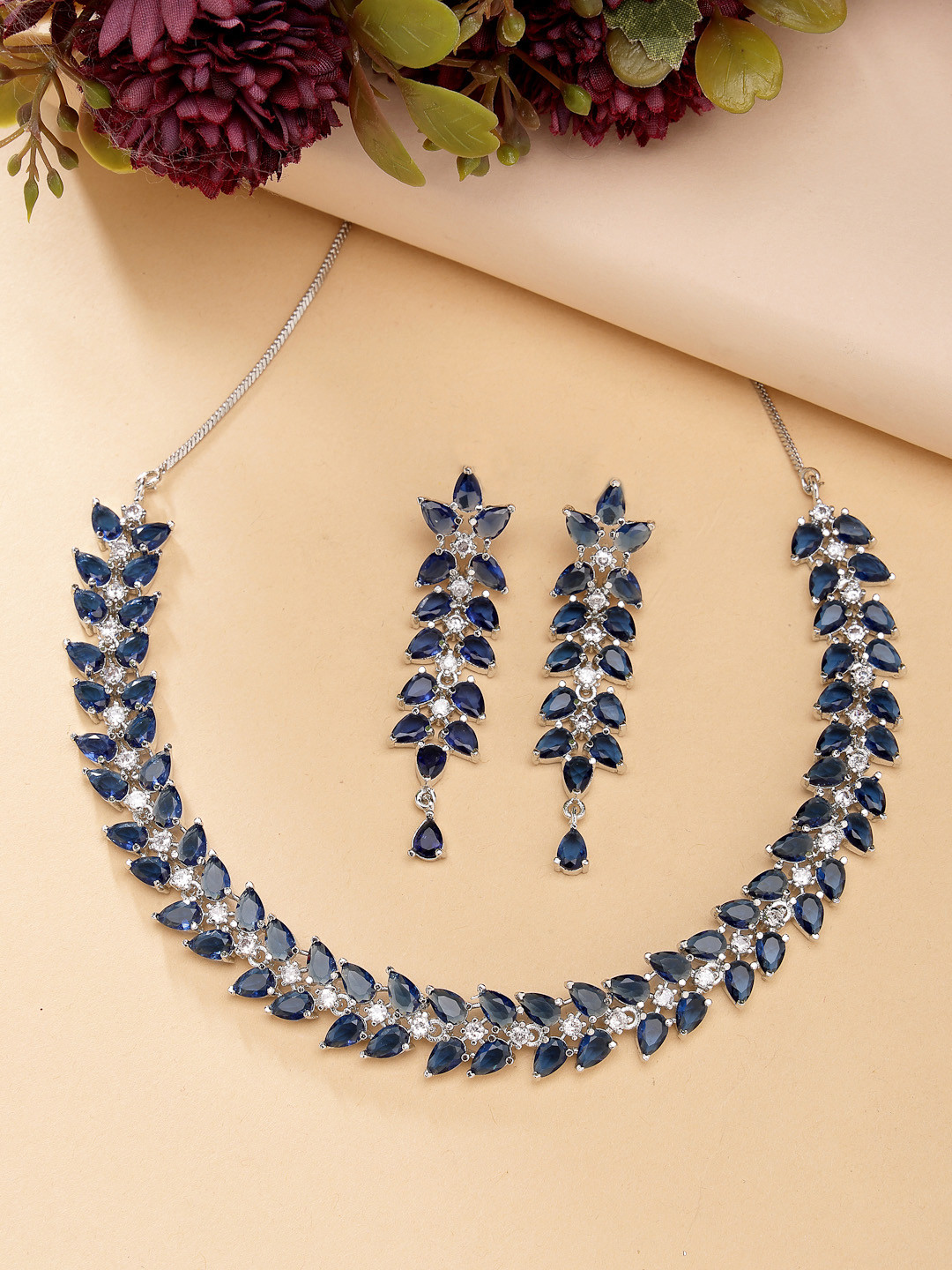 ZENEME Rhodium Plated American Diamond Studded Crystal Radiant Necklace and Earrings