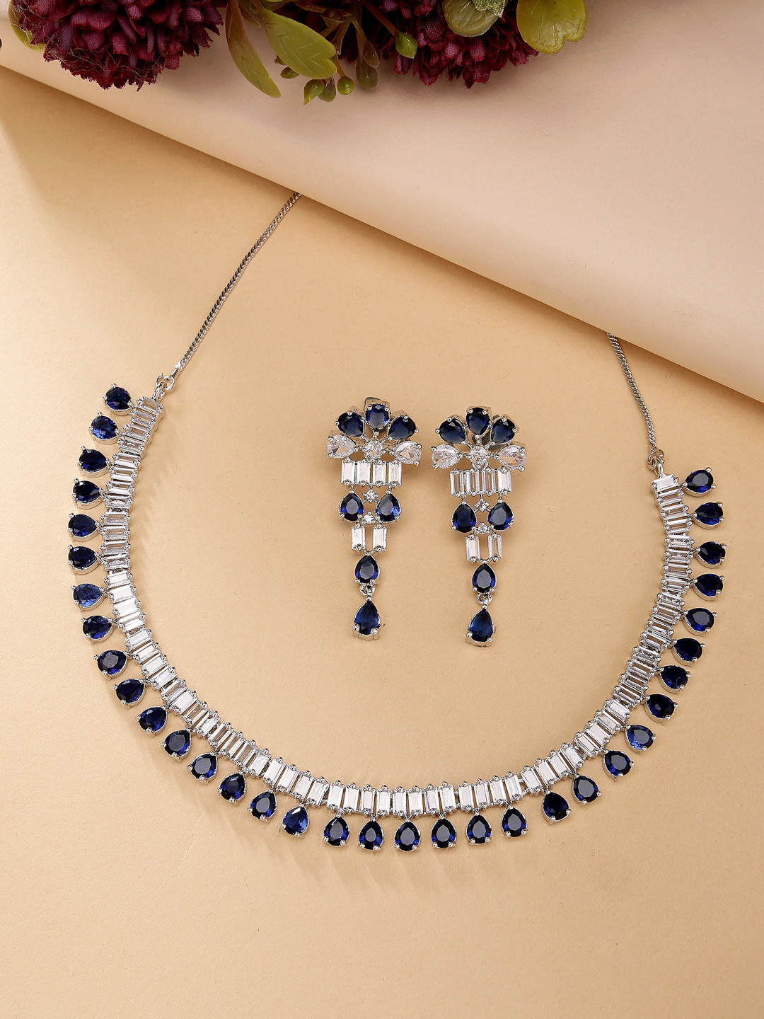ZENEME Rhodium-Plated American Diamond Studded Necklace and Earrings