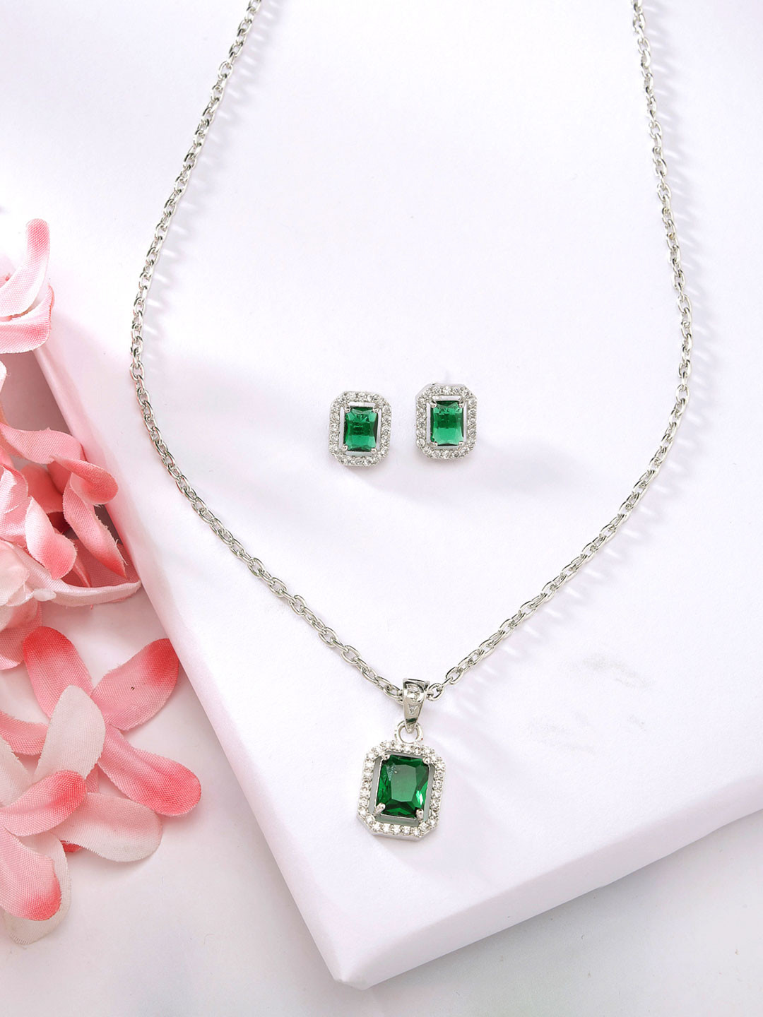 ZENEME Rhodium-Plated AD Stone-Studded Luxe Sparkle Princess Cut Necklace and Earrings