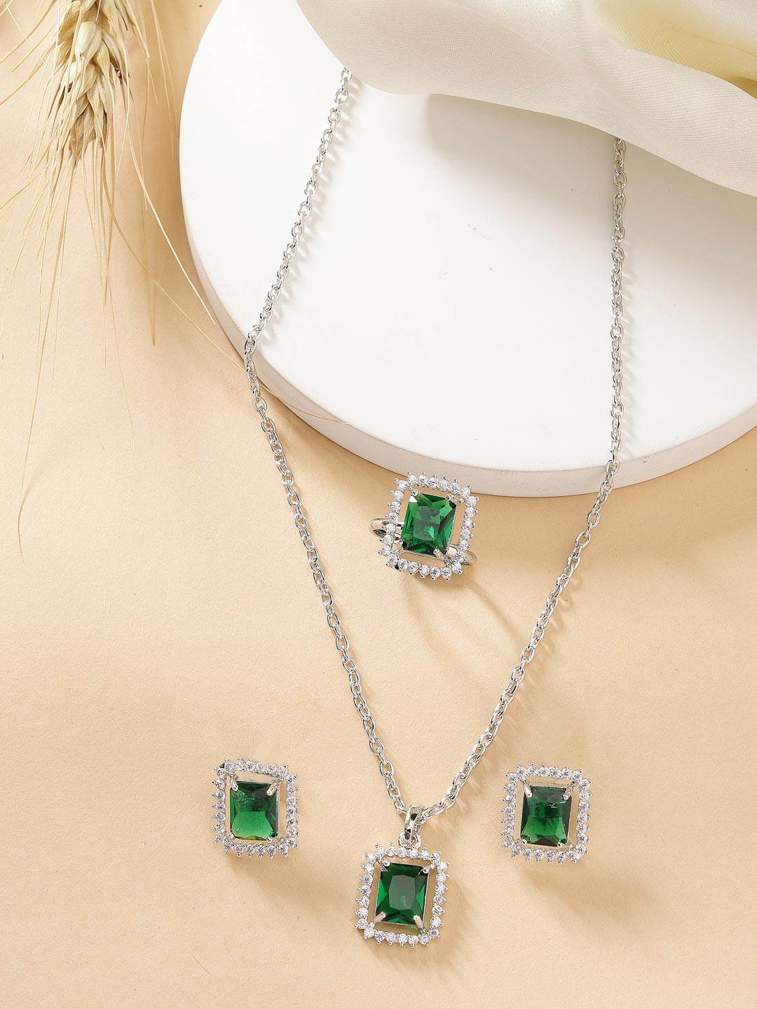 ZENEME Rhodium Plated Silver toned Green AD Studded Pendant Set with Earrings And Ring