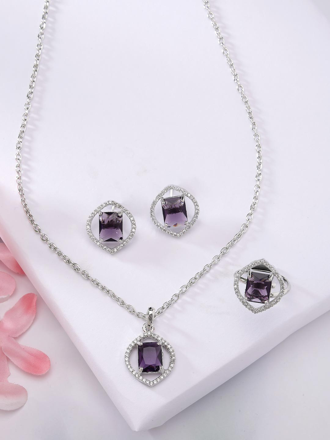 ZENEME Rhodium Plated Silver toned Purple AD Studded Pendant Set with Earrings And Ring