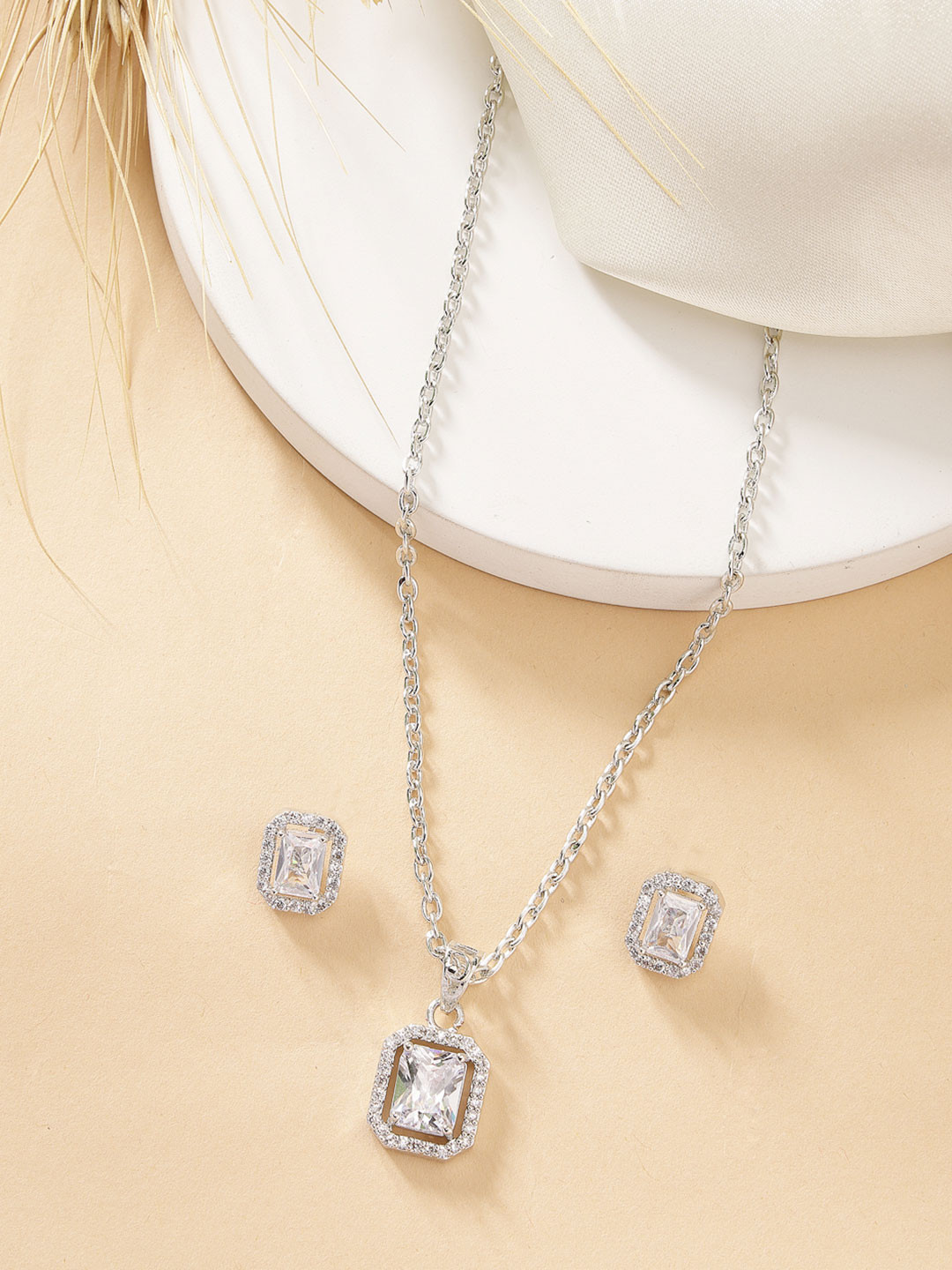 ZENEME Rhodium Plated AD Studded Luxe Sparkle Princess Cut Necklace and Earrings