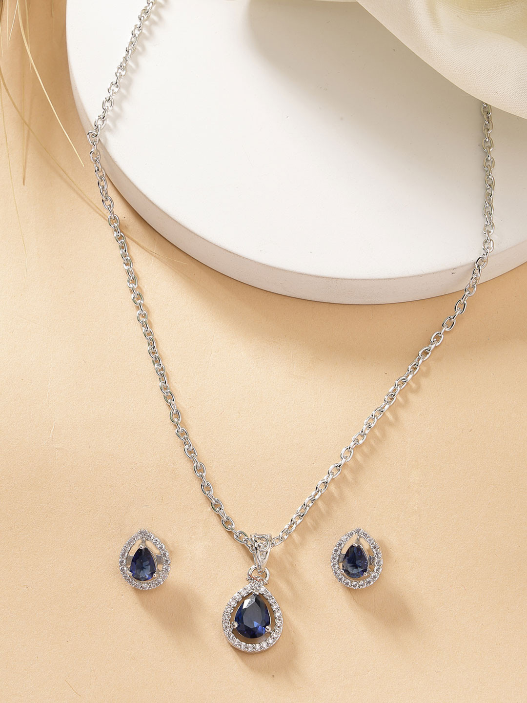 ZENEME Rhodium-Plated AD Studded Tear Drop Shaped Necklace and Earrings