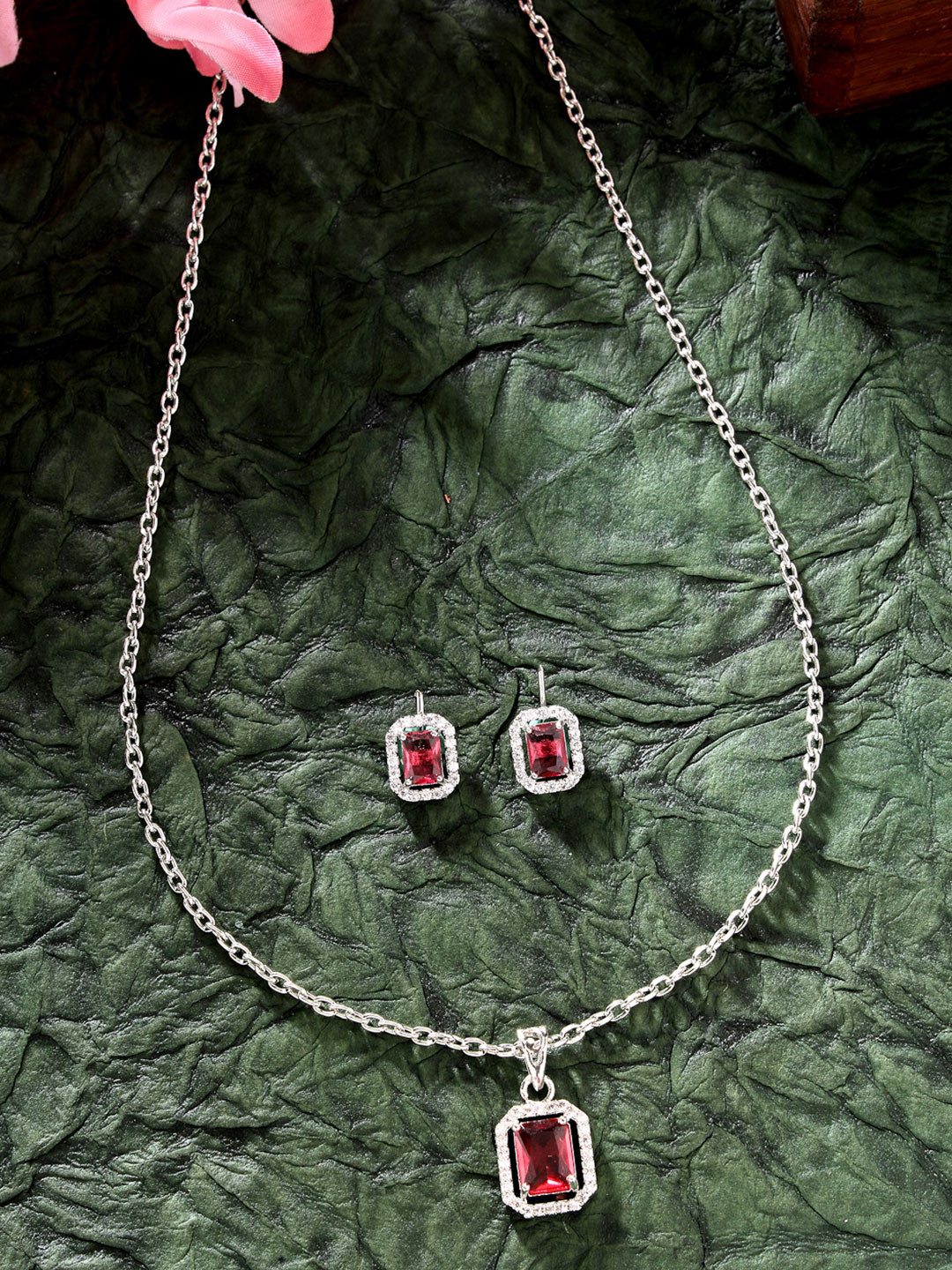 ZENEME Rhodium Plated AD Studded Luxe Sparkle Princess Cut Necklace and Earrings