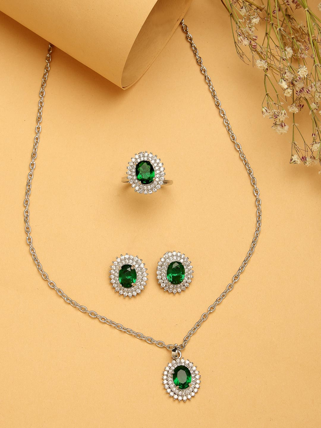 ZENEME Rhodium Plated Silver toned Green AD Studded Pendant Set with Earrings & Ring