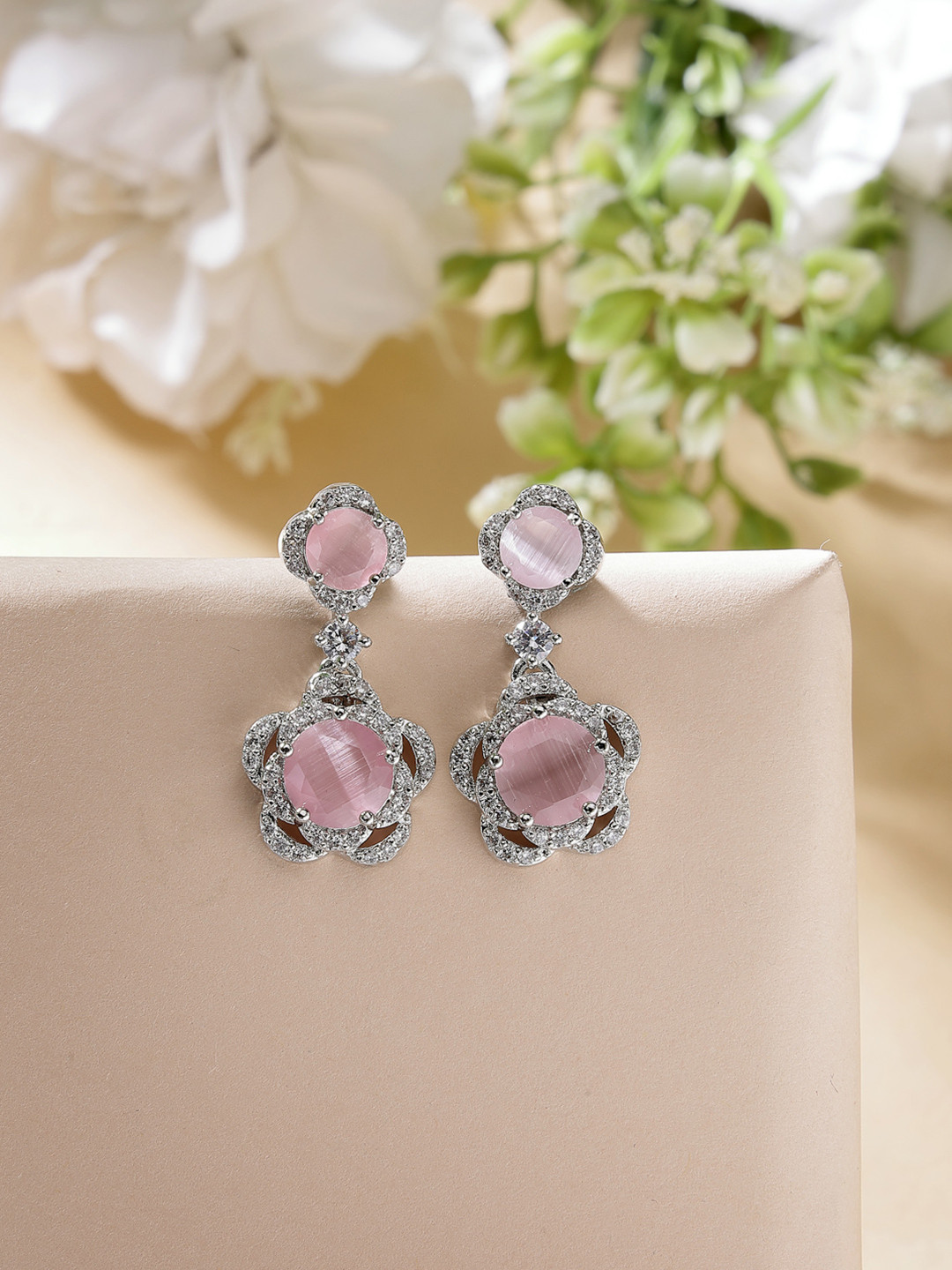 ZENEME Rhodium Plated Pink American Diamond Drop Earrings