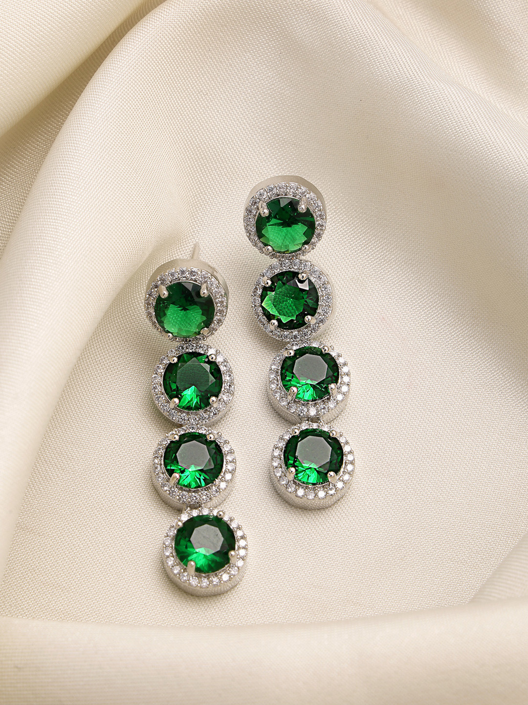 ZENEME Rhodium Plated American Diamond Circular Drop Earrings