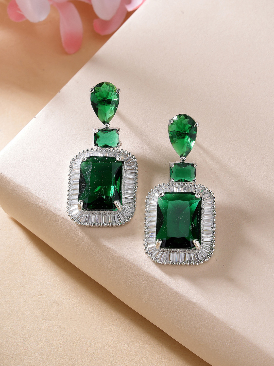 ZENEME Rhodium Plated American Diamond Drop Earrings