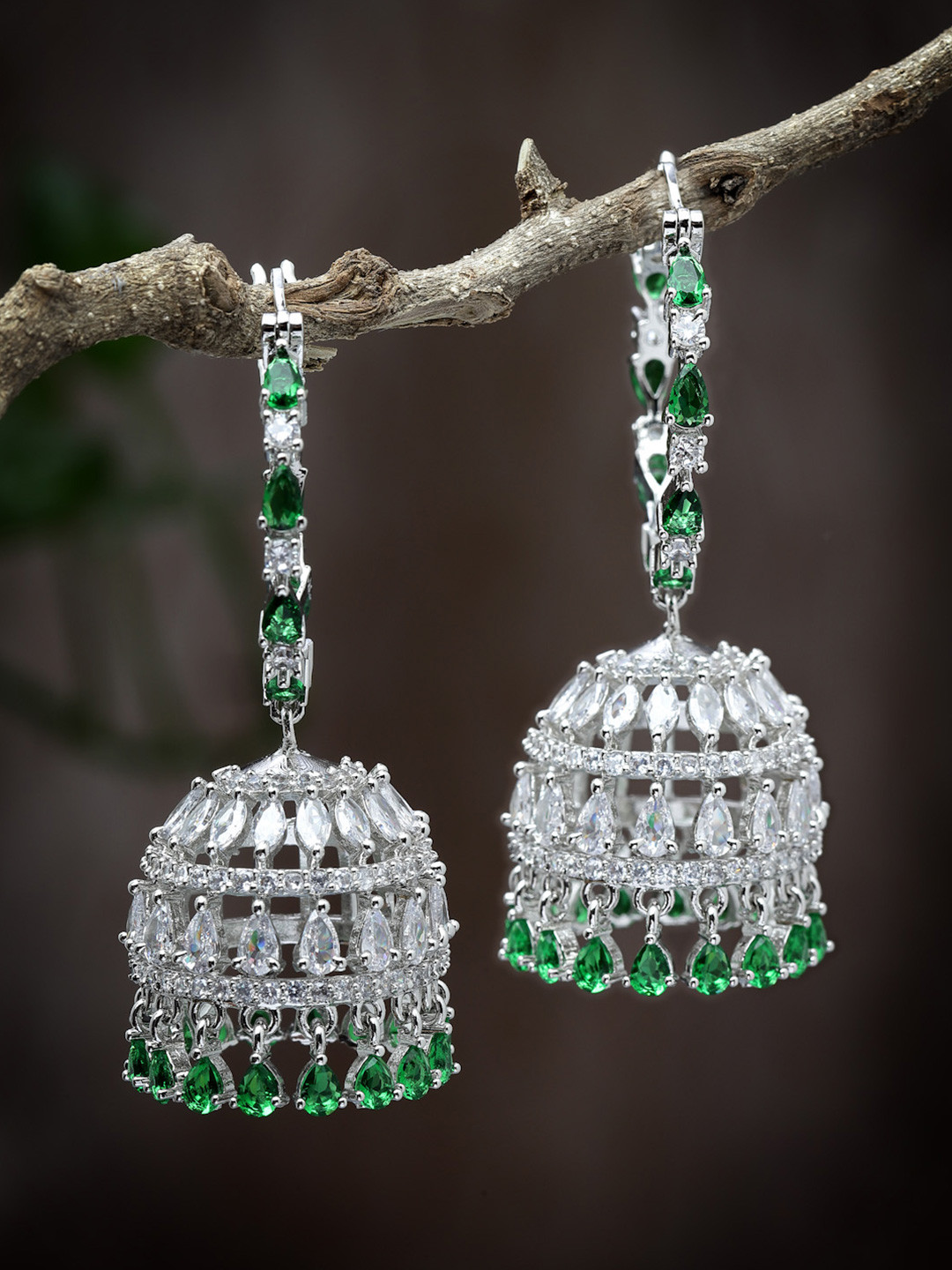 ZENEME Rhodium-Plated Diamond Shaped American Diamond Jhumkas