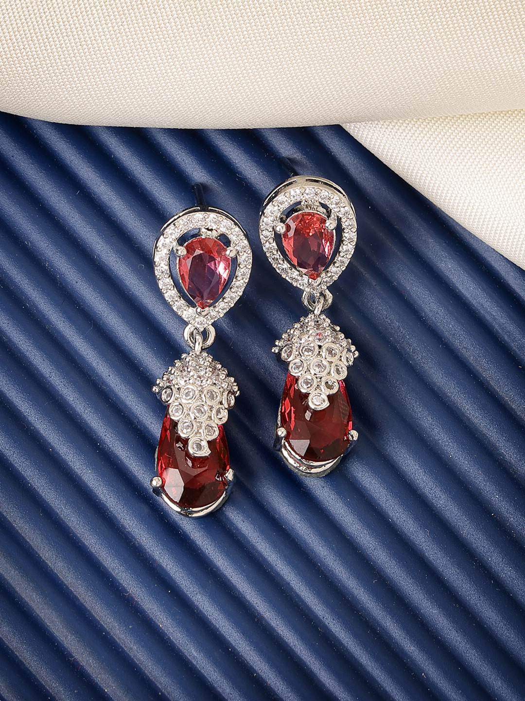 ZENEME Rhodium Plated Teardrop Shaped American Diamond Drop Earrings