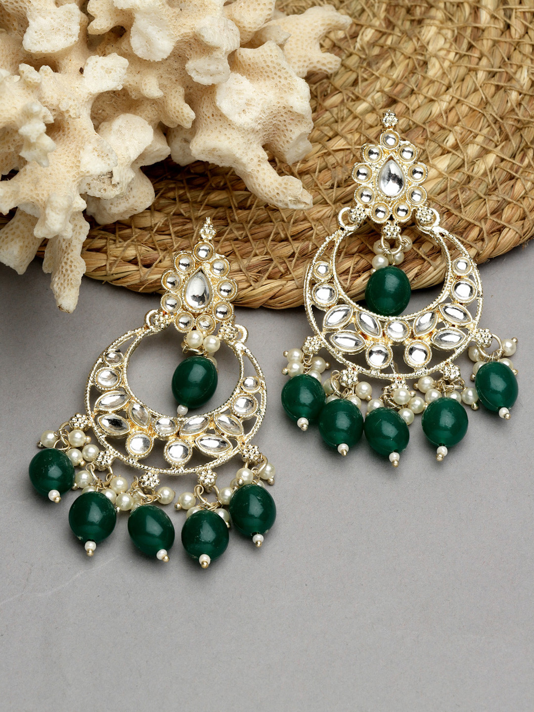 ZENEME Gold-Plated Teardrop Shaped Chandbalis Earring