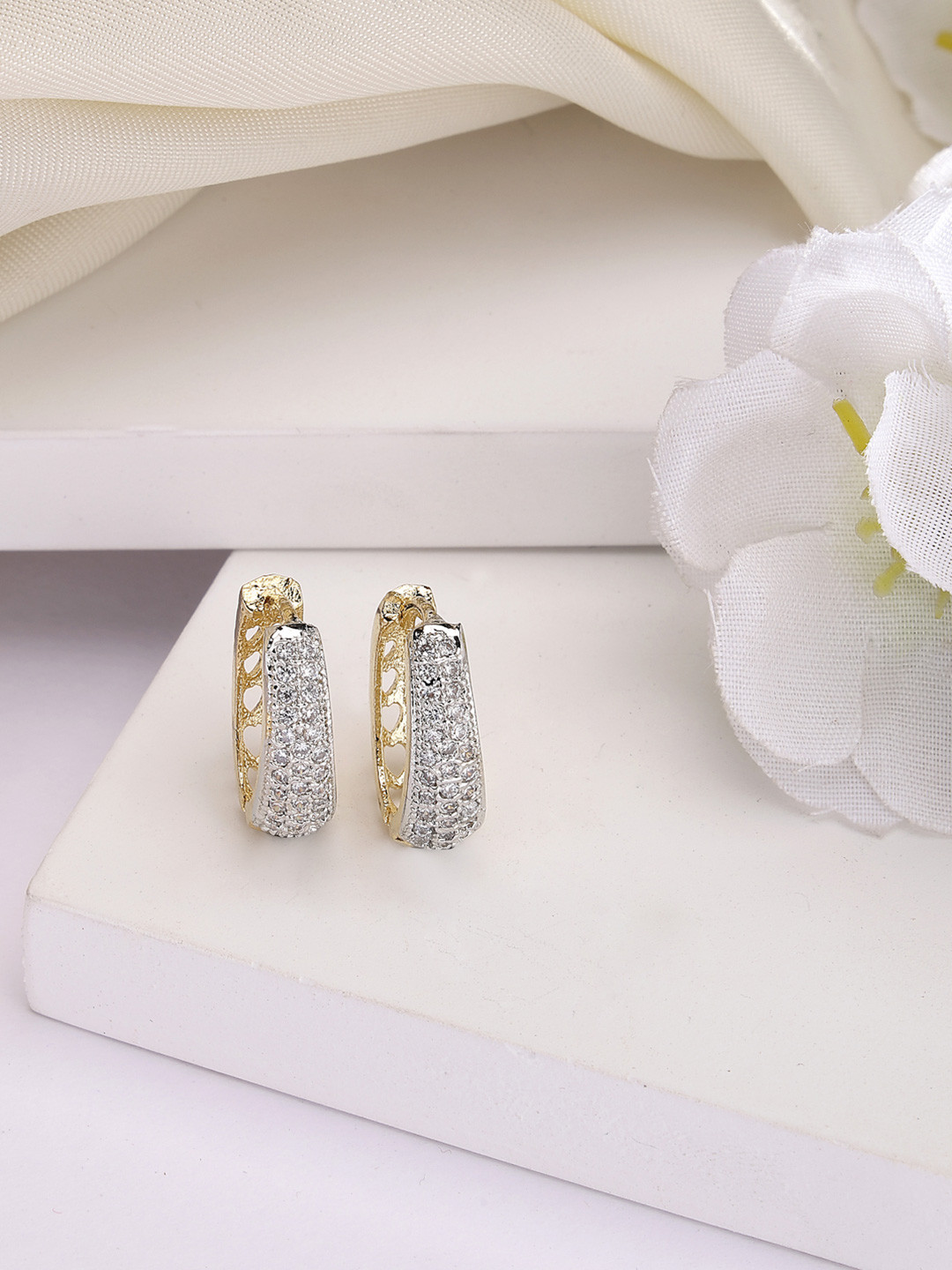 ZENEME Gold Plated Cubic Zirconia Studded Contemporary Hoop Earrings