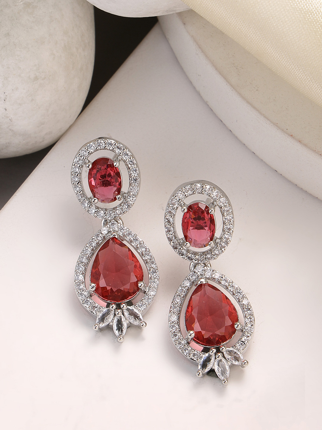 ZENEME Rhodium-Plated American Diamond Studded Teardrop Shaped Drop Earrings