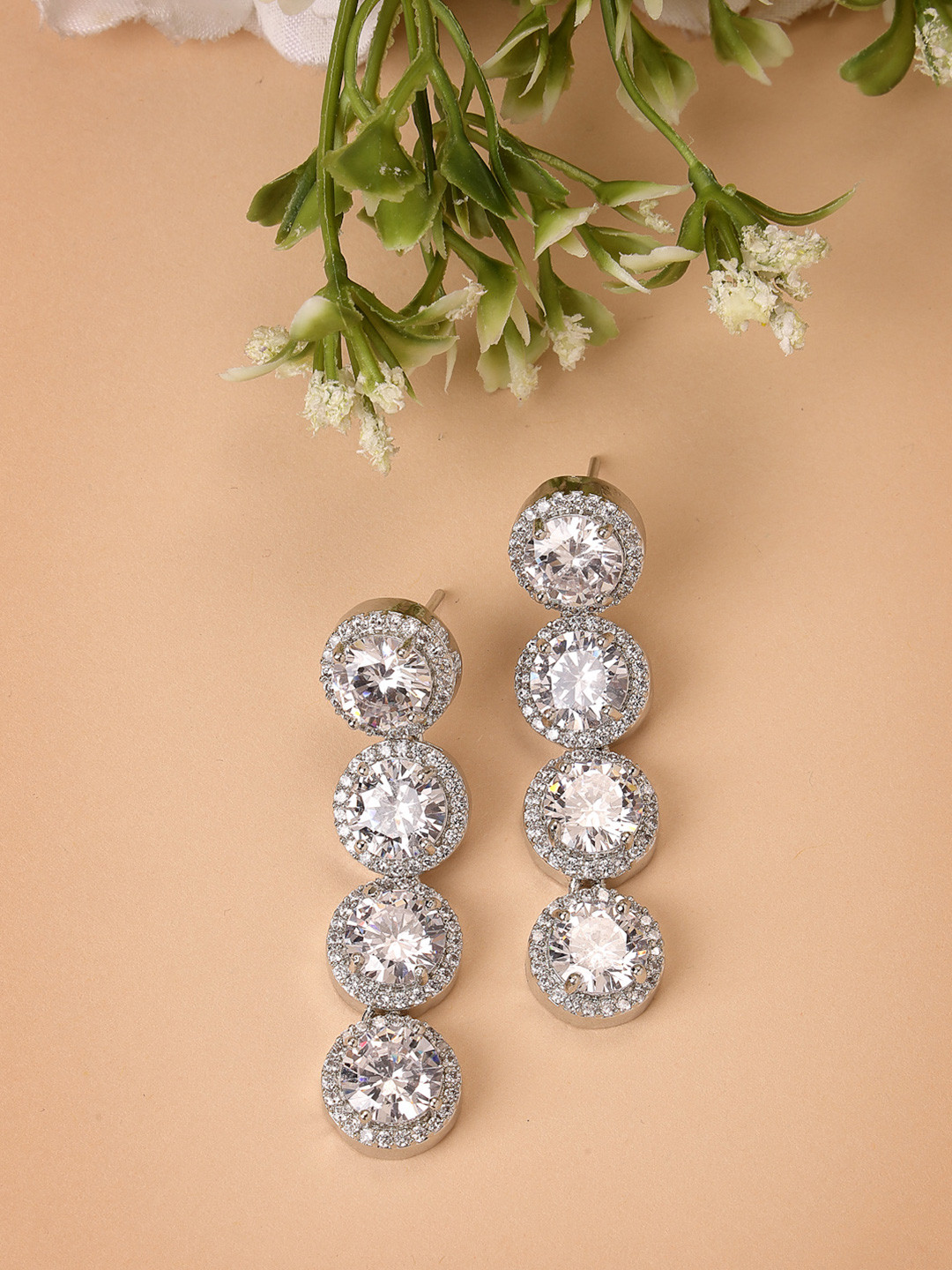 ZENEME Rhodium Plated Circular American Diamond Drop Earrings