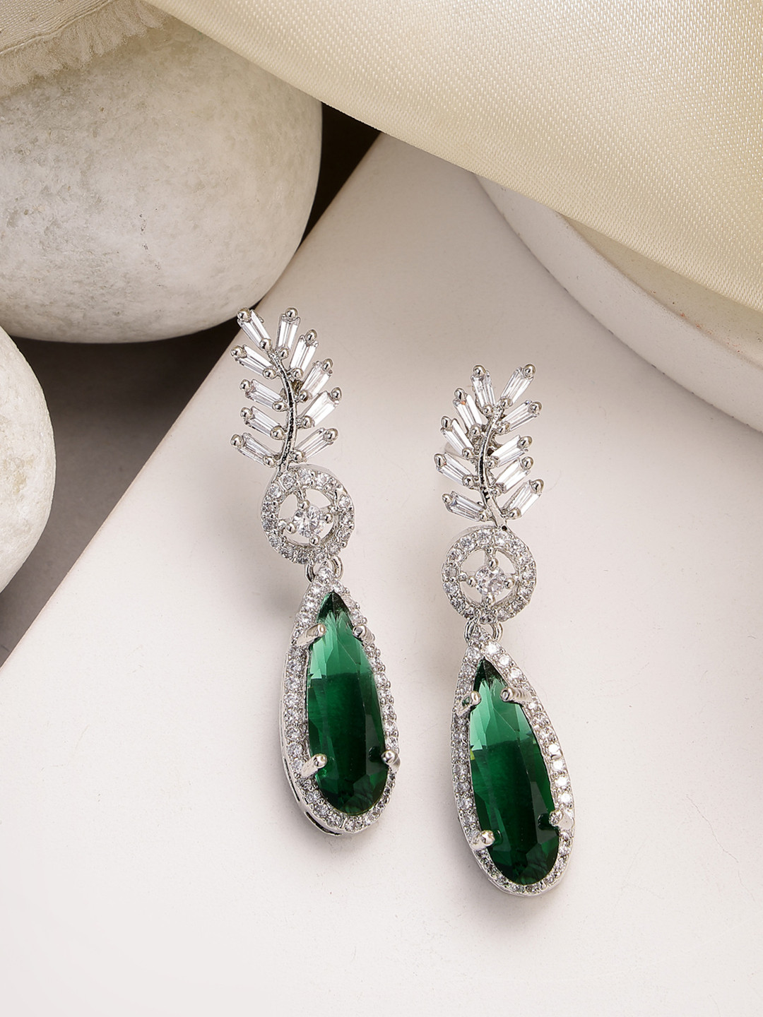 ZENEME Rhodium Plated Emerald American Diamond Leaf Shaped Drop Earrings